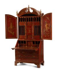 A George II Style Red Lacquered Chinoiserie Secretary Bookcase — 20TH CENTURY