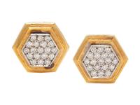A Pair of 14 Karat Yellow Gold and Diamond Earclips,