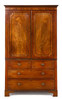An English Inlaid Mahogany Linen Press Height 87 x width 50 1/8 x depth 21 inches. — 19TH CENTURY