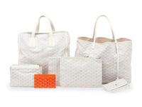 Six Goyard Items: Two Totes, Three Pouches, and One Wallet