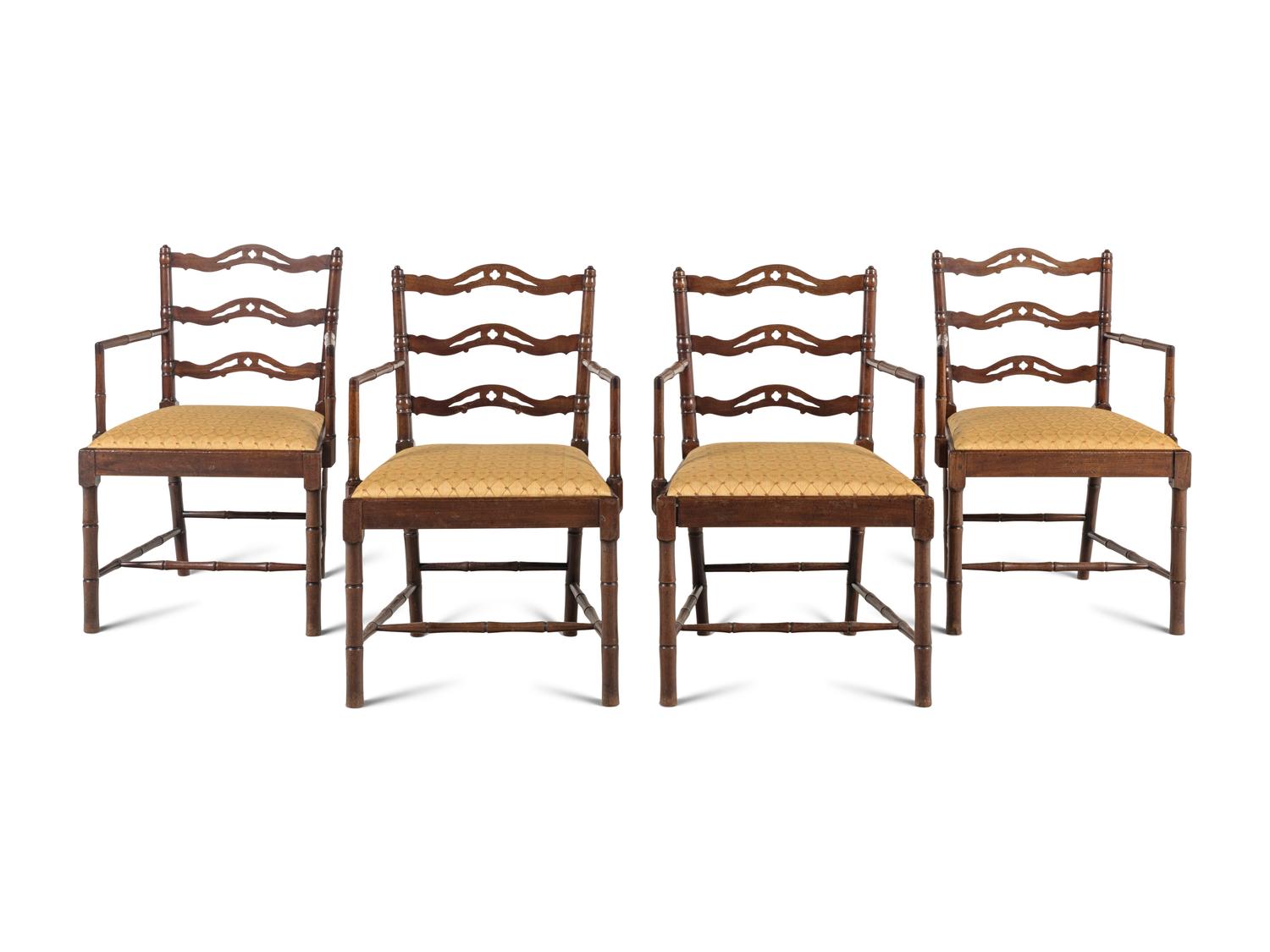 A Set of Four English Mahogany Faux-Bamboo Arm Chairs