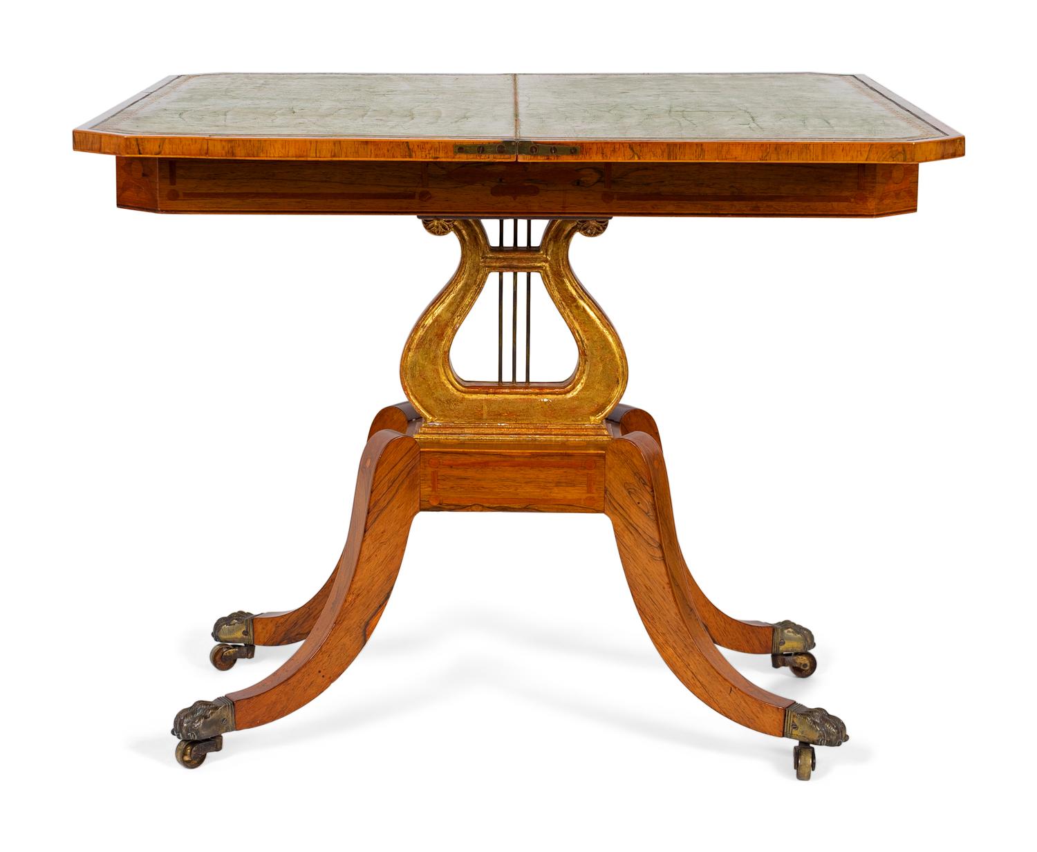 A Regency Style Satinwood Inlaid Parcel Gilt Rosewood Lyre-Base Flip Top Game Table — 19TH CENTURY