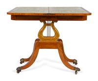 A Regency Style Satinwood Inlaid Parcel Gilt Rosewood Lyre-Base Flip Top Game Table — 19TH CENTURY