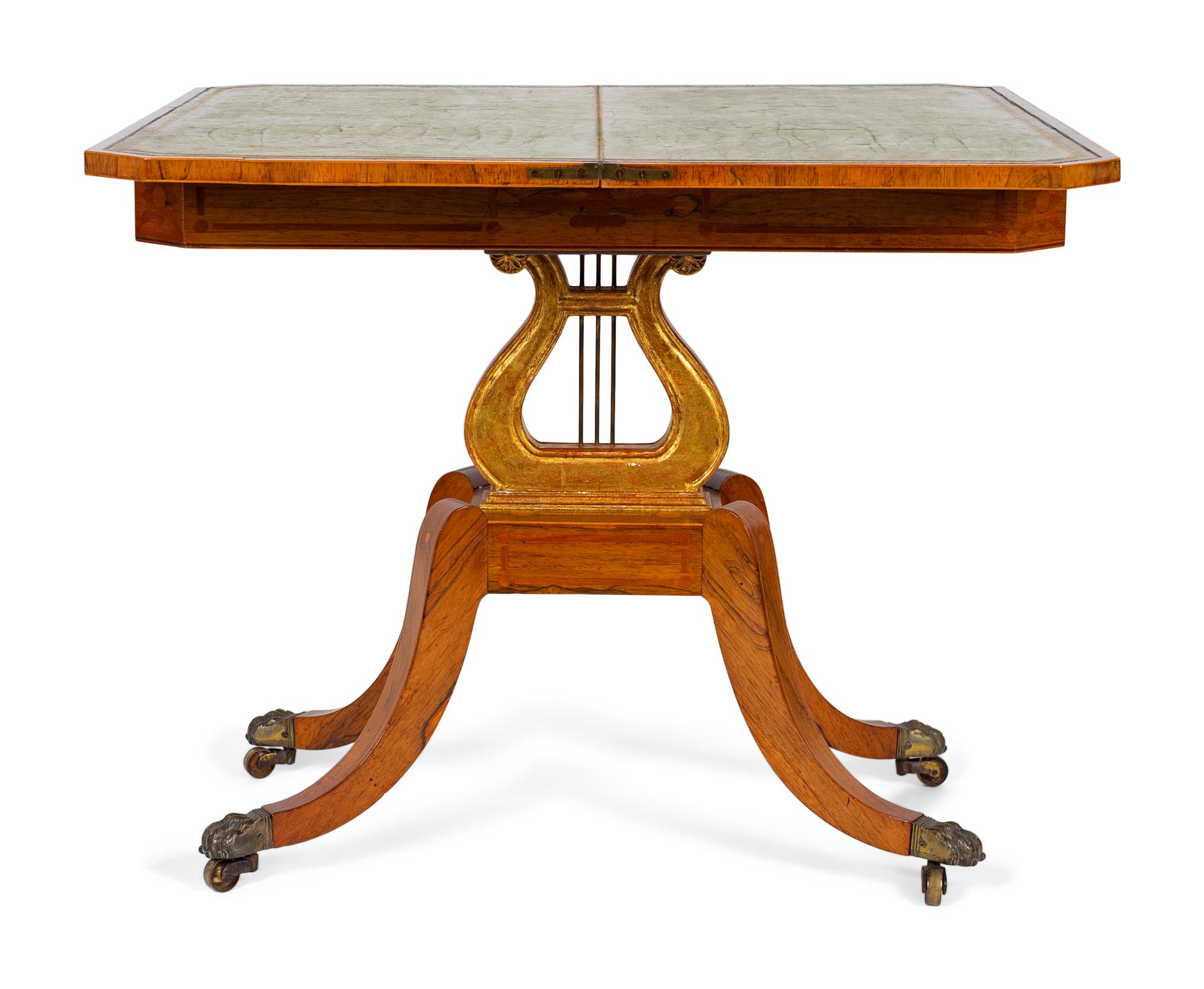 A Regency Style Satinwood Inlaid Parcel Gilt Rosewood Lyre-Base Flip Top Game Table — 19TH CENTURY