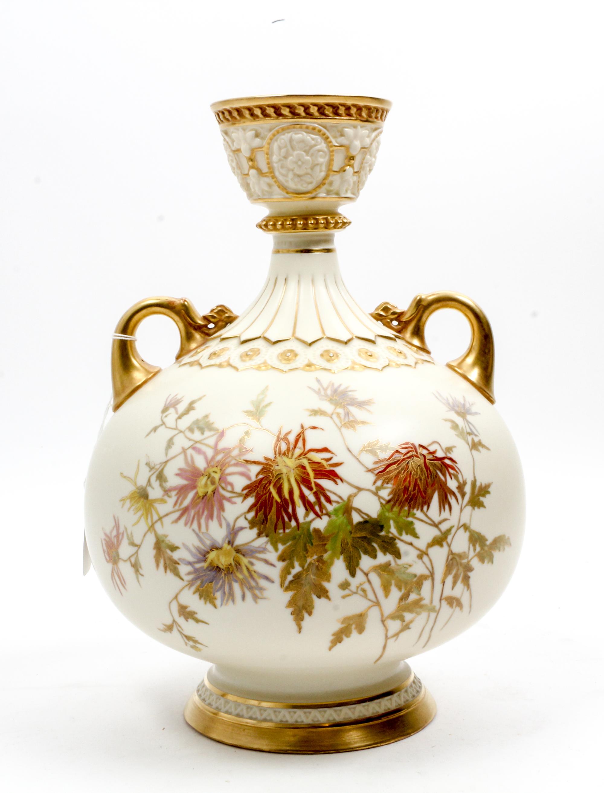A Royal Worcester Porcelain Vase Height 11 1/2 inches. — 1889