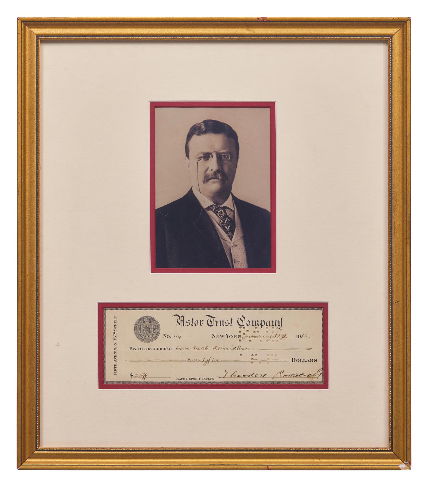 [Presidential] Roosevelt, Theodore. Partially-Printed Check, signed