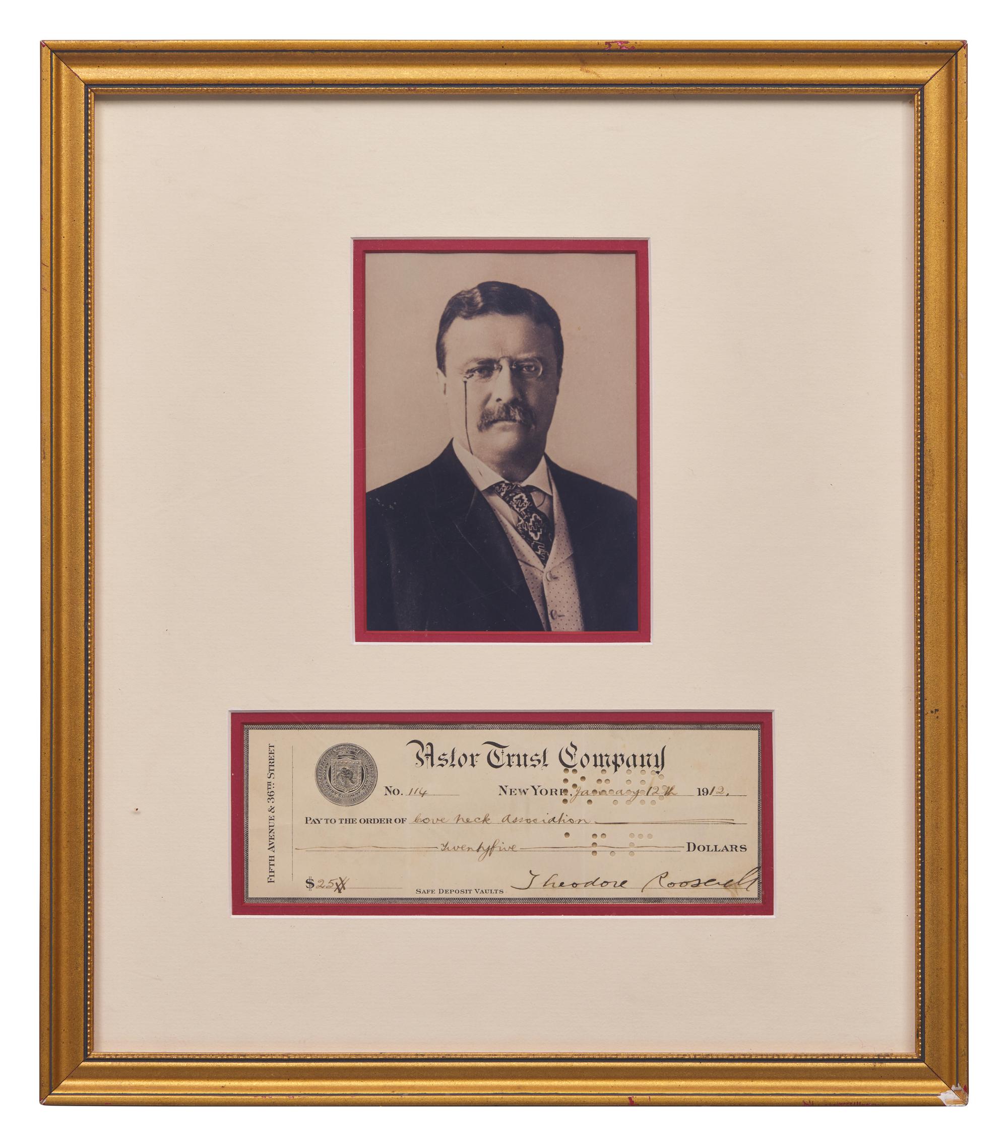 [Presidential] Roosevelt, Theodore. Partially-Printed Check, signed