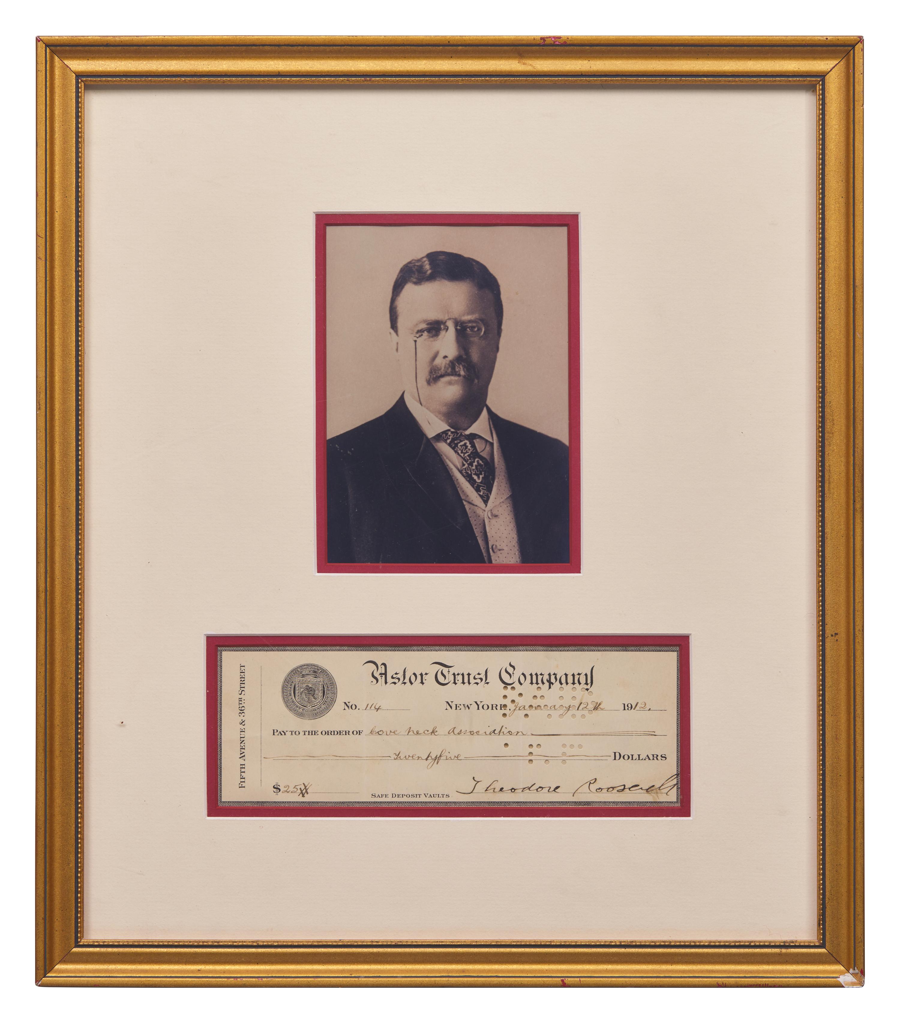 [Presidential] Roosevelt, Theodore. Partially-Printed Check, signed