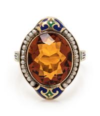 An Art Deco 14 Karat Yellow Gold, Citrine, Seed Pearl and Polychrome Enamel Ring,