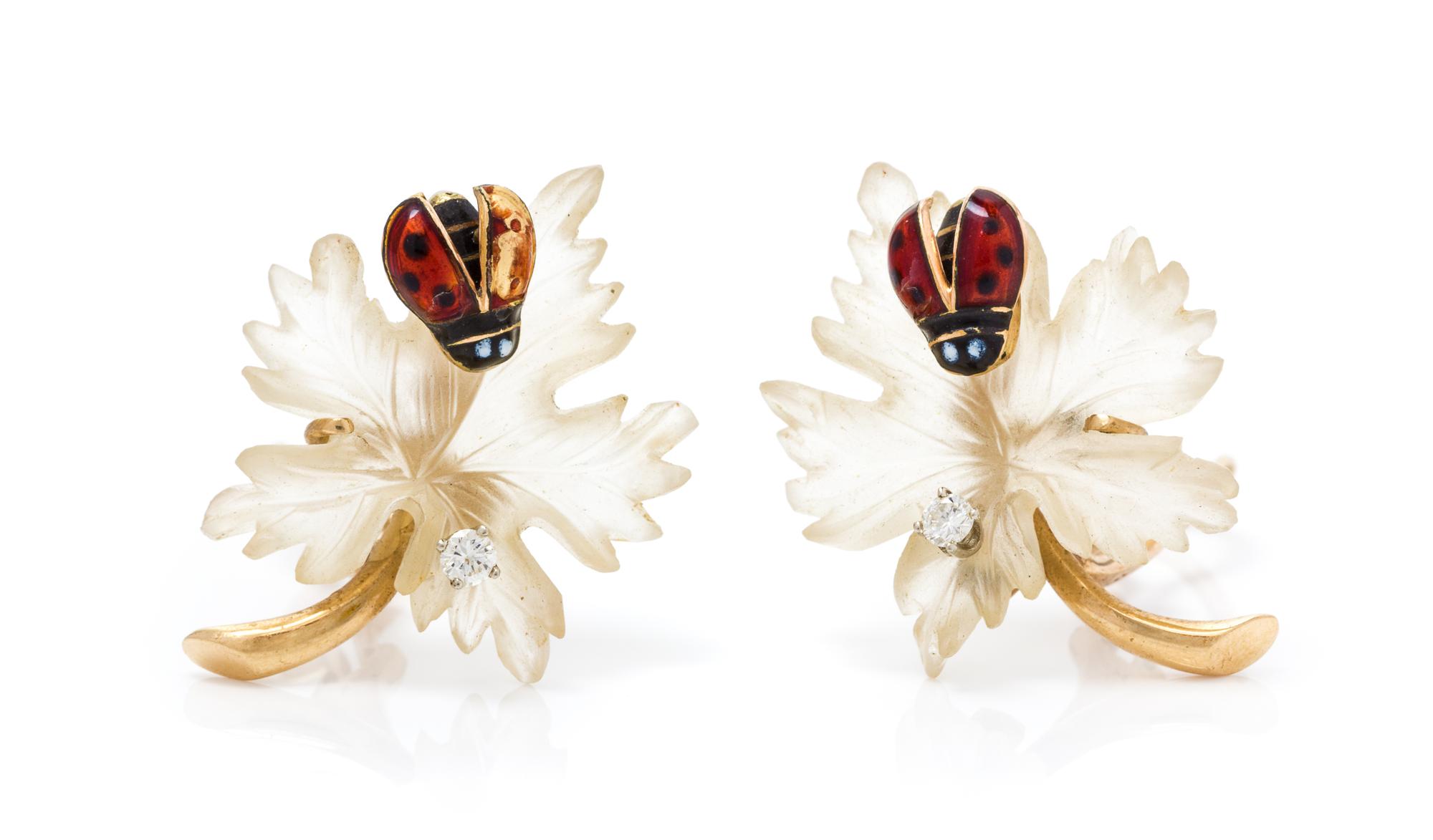 A Pair of 14 Karat Yellow Gold, Rock Crystal, Diamond and Polychrome Enamel Earclips, 4.40 dwts.