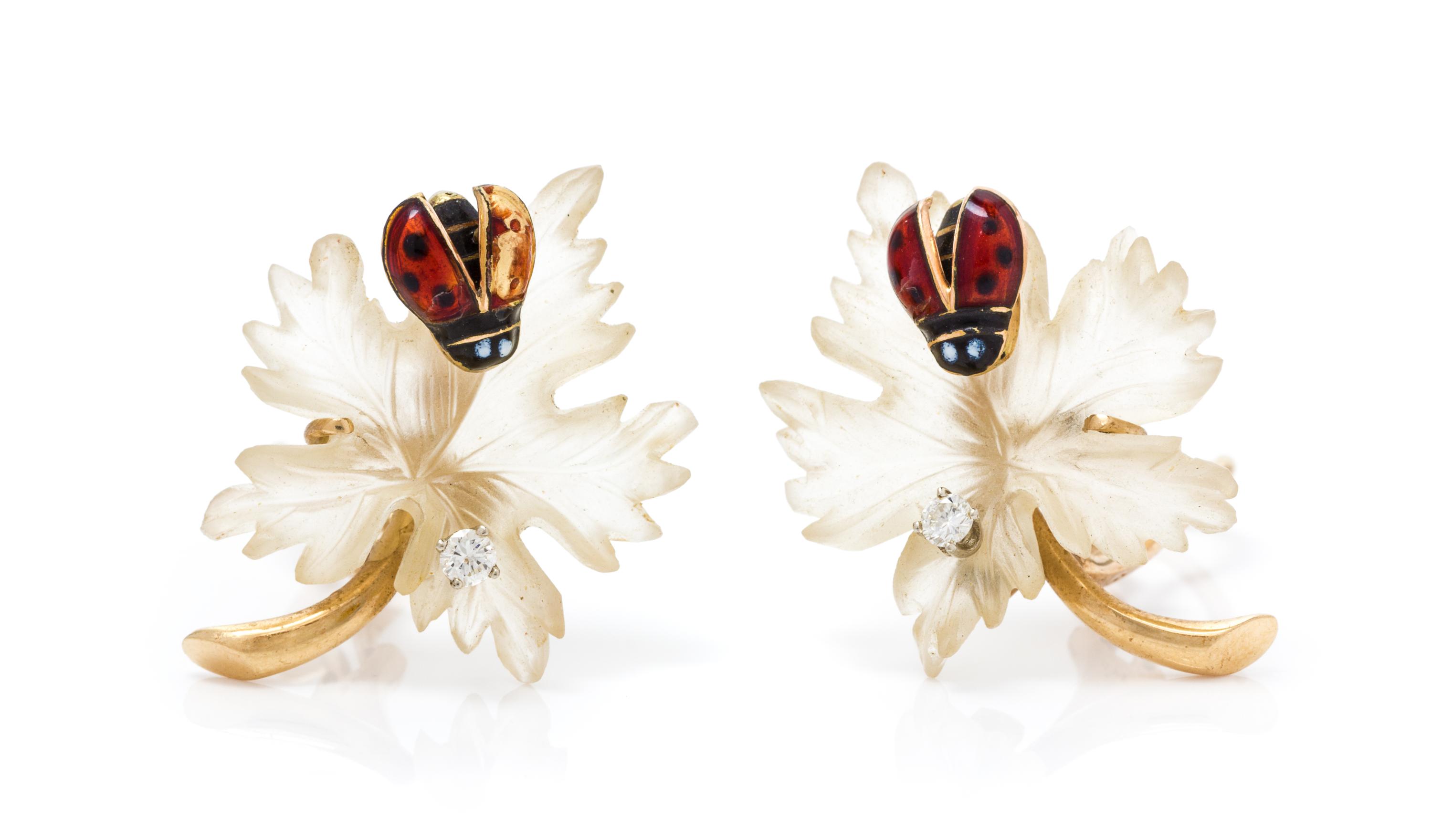 A Pair of 14 Karat Yellow Gold, Rock Crystal, Diamond and Polychrome Enamel Earclips, 4.40 dwts.