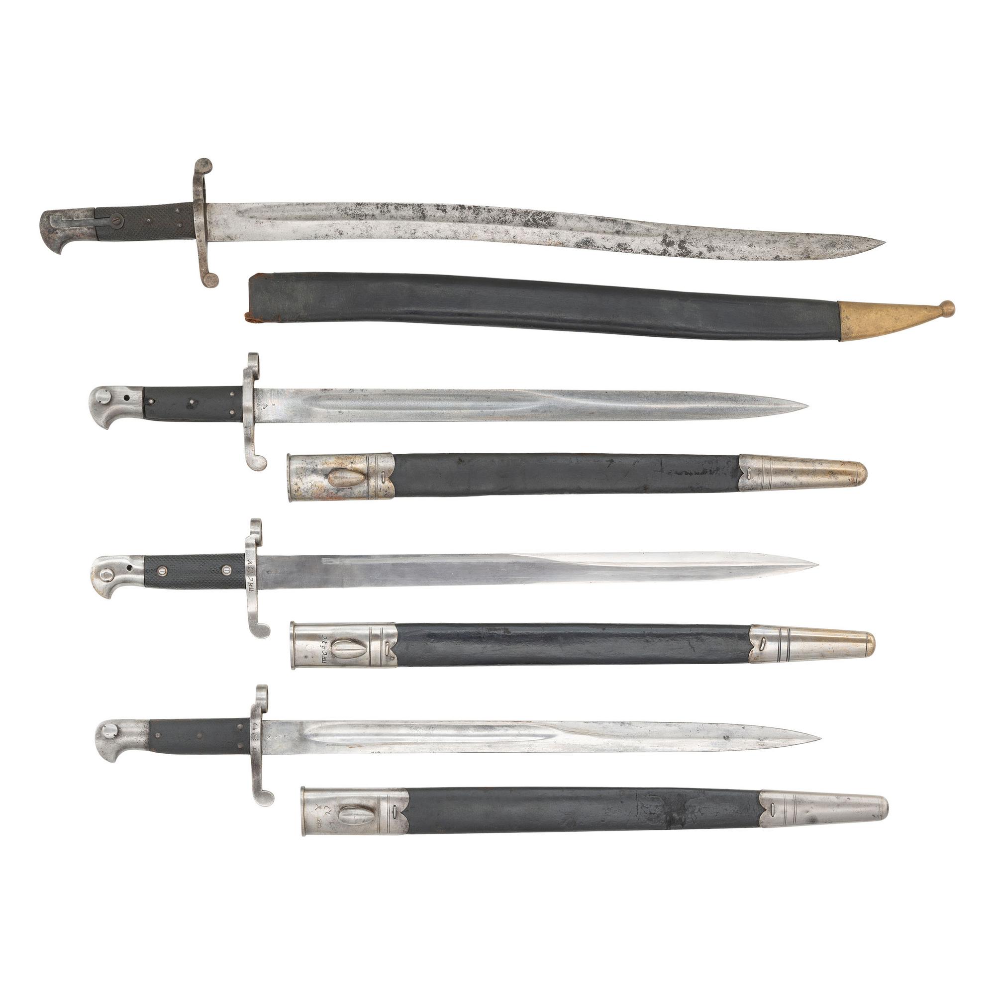 Lot of Four British Saber Bayonets & Scabbard Including: Pattern 1887 and Pattern 1856