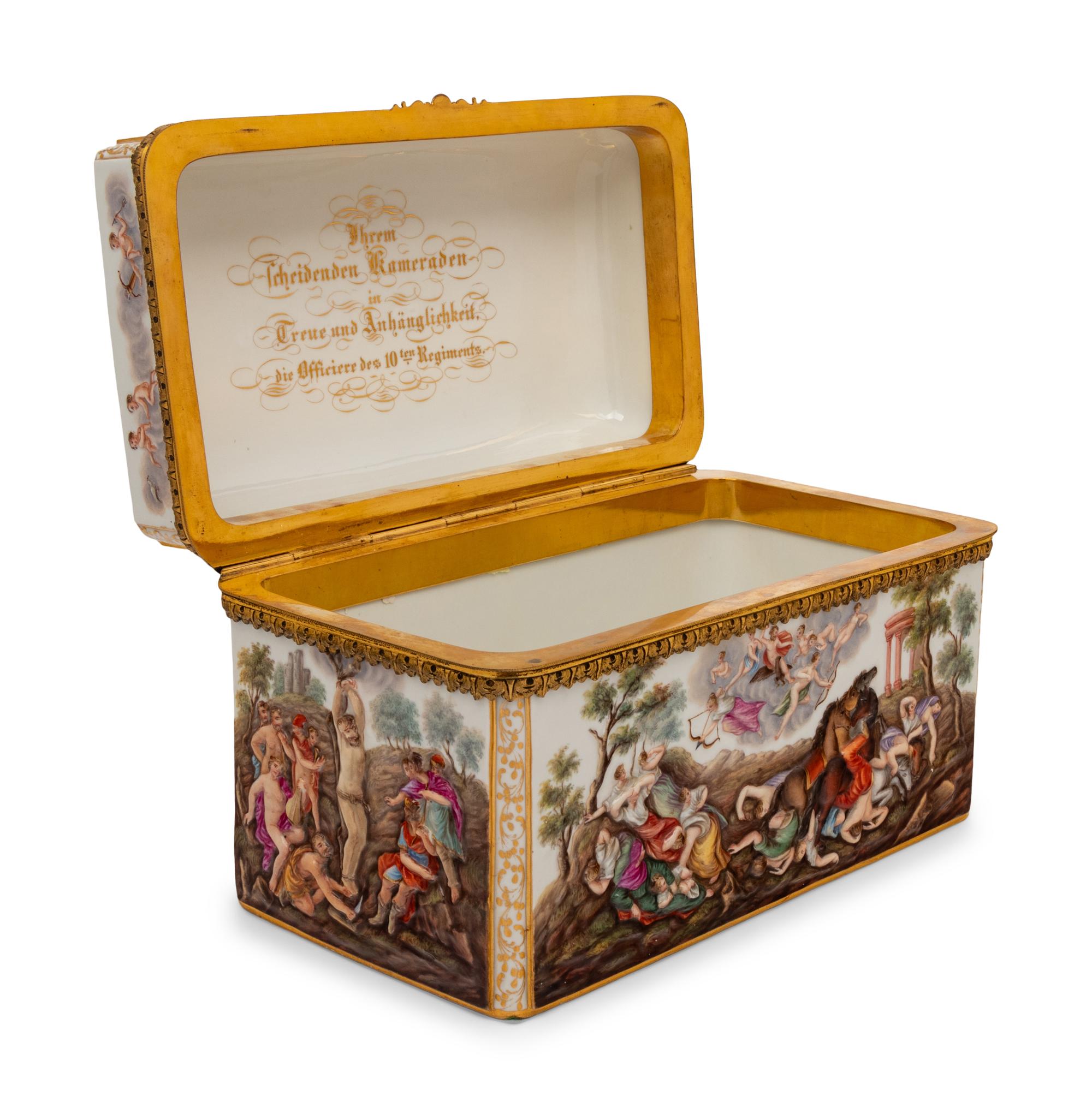 A Gilt Metal Mounted Meissen Porcelain Presentation Table Casket