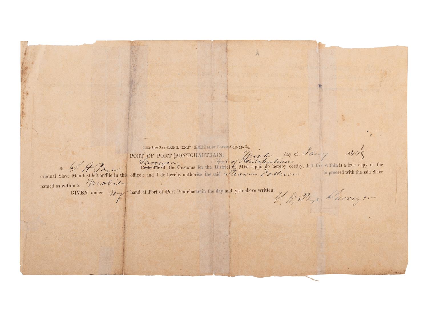 [ENSLAVEMENT]. Ship's manifest documenting the conveyance of two enslaved persons, January 1844.