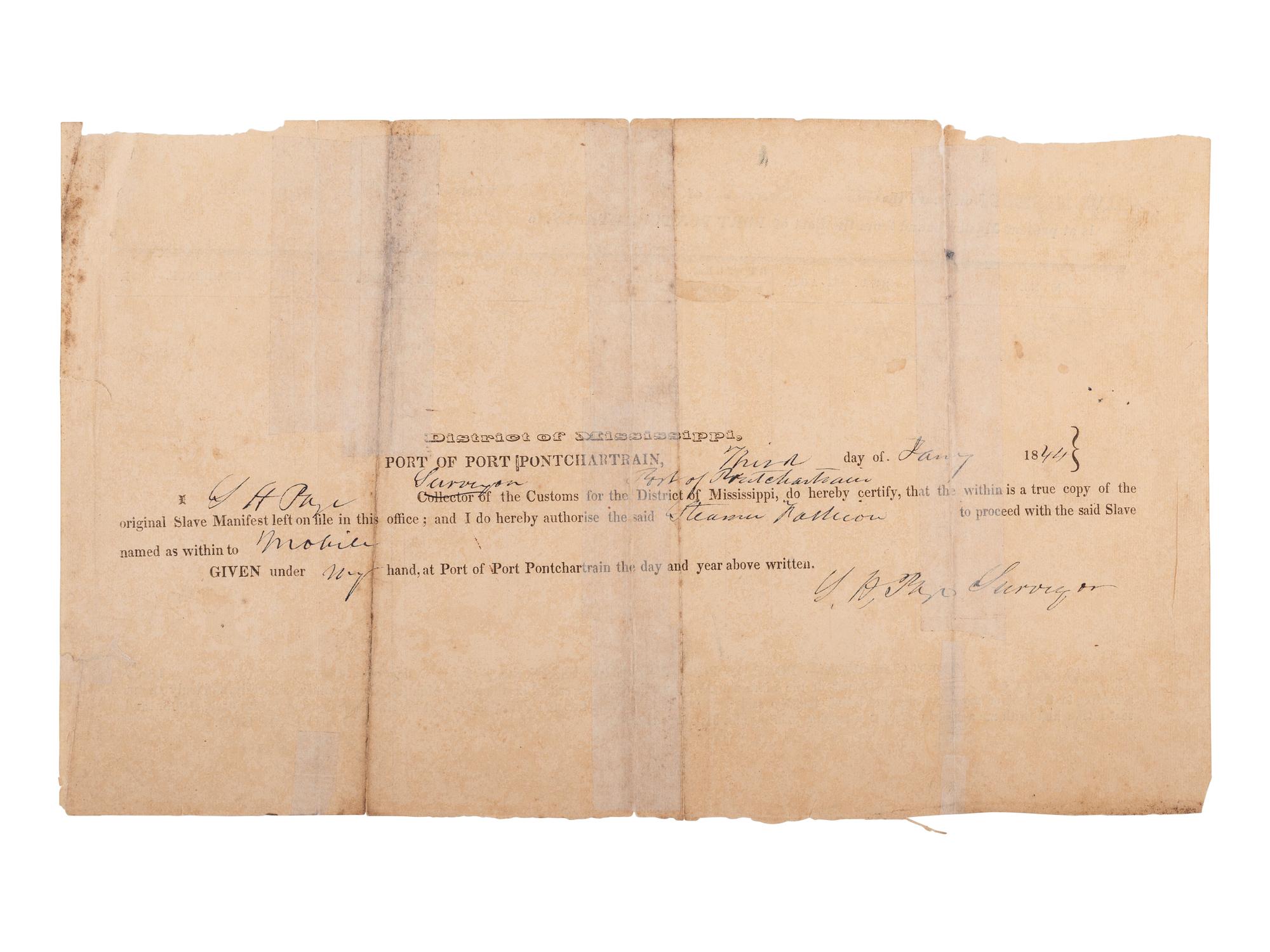 [ENSLAVEMENT]. Ship's manifest documenting the conveyance of two enslaved persons, January 1844.