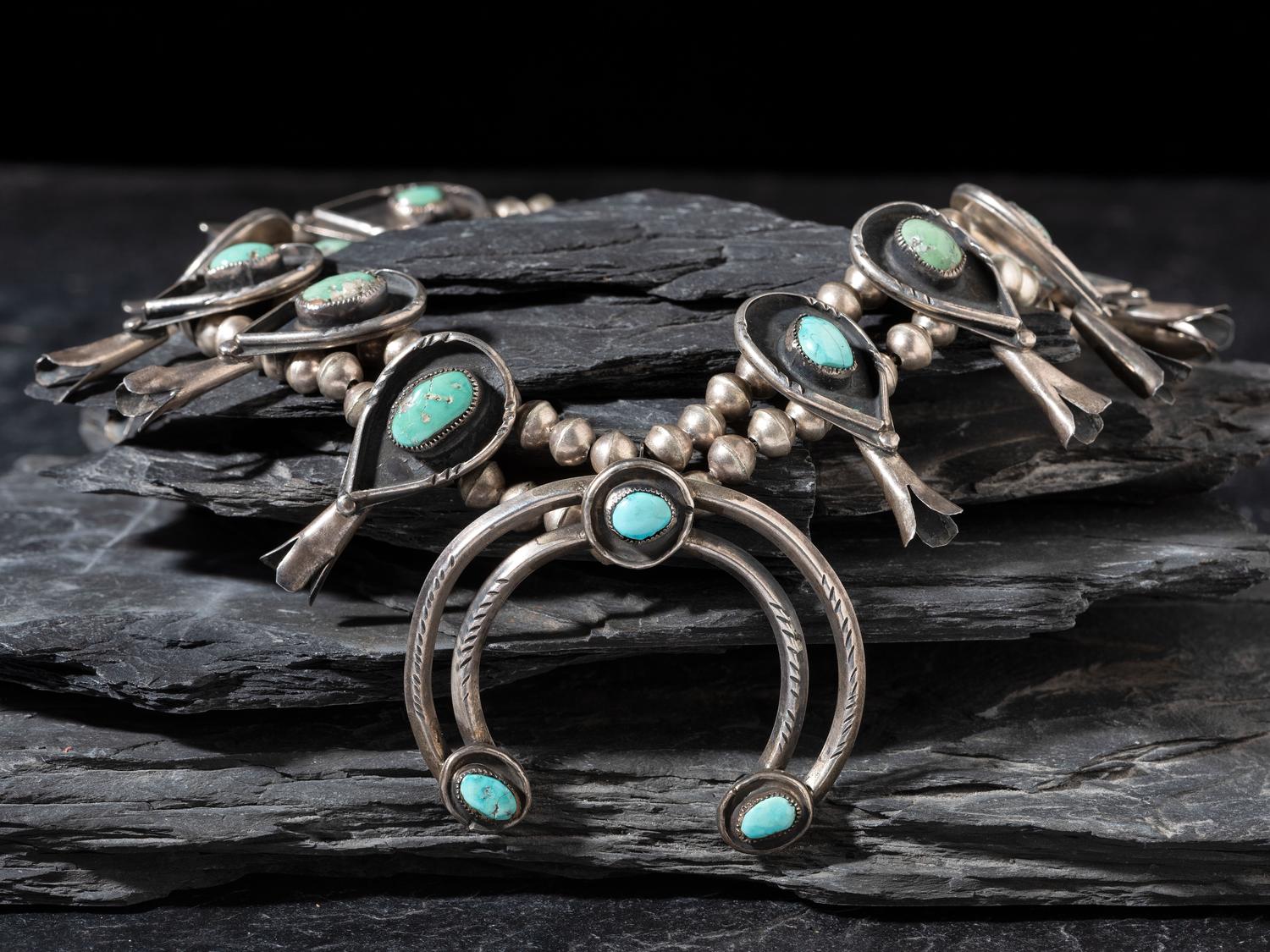 Navajo Silver and Turquoise Squash Blossom Necklace