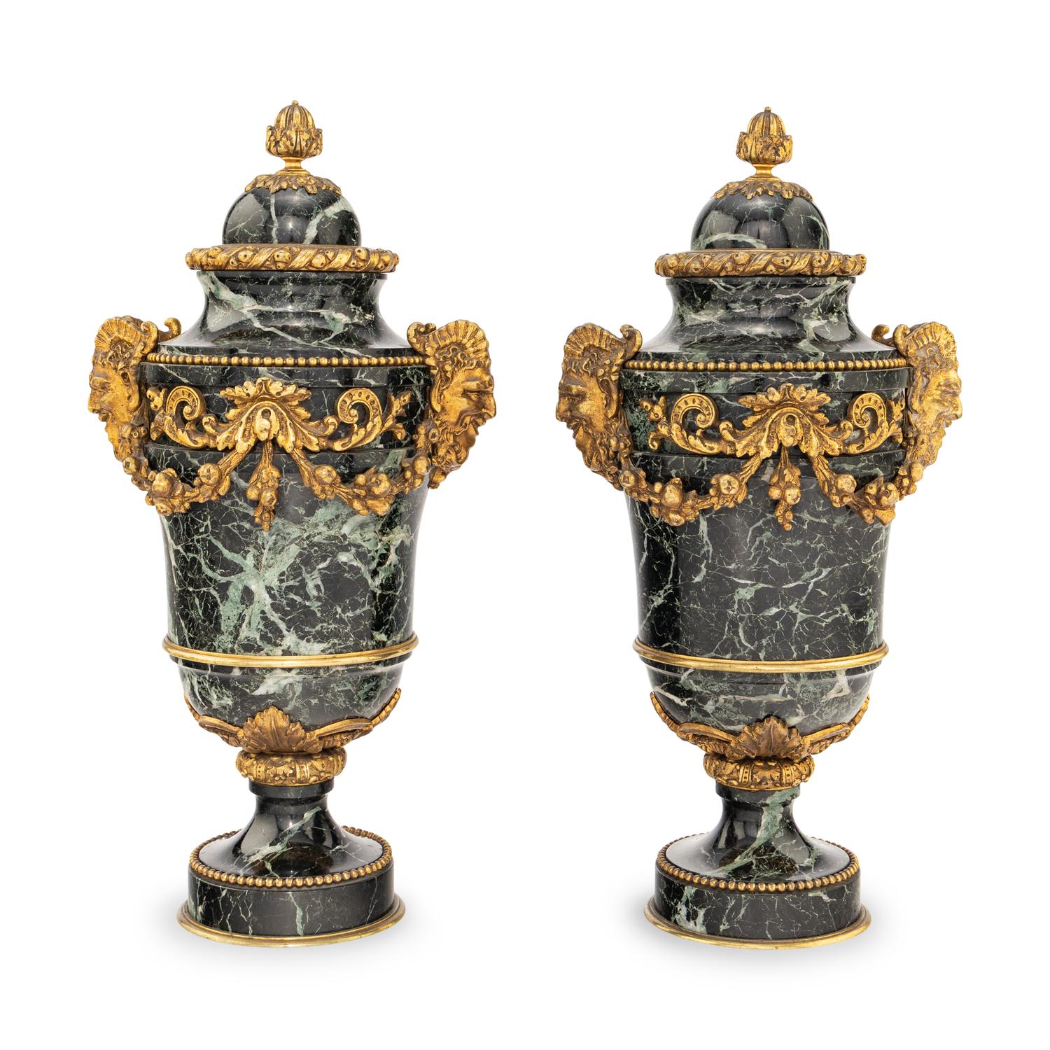 A Pair of French Gilt Bronze Mounted Verde Antico Marble Urns