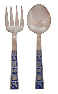 Nine Norwegian Silver and Enamel Flatware Servers, David Andersen, Oslo, comprising four sets of serving forks and spoons with blue ena