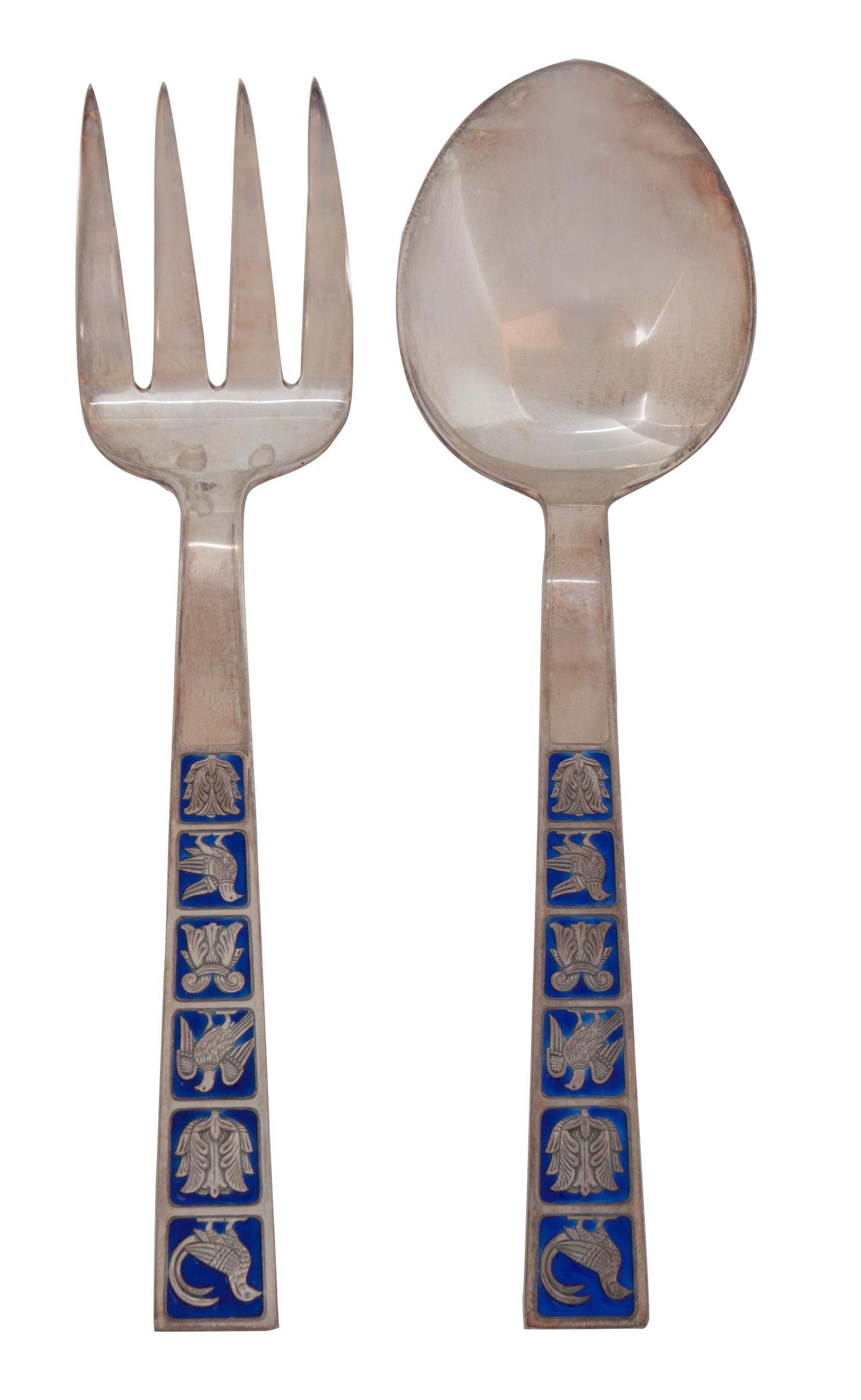 Nine Norwegian Silver and Enamel Flatware Servers, David Andersen, Oslo, comprising four sets of serving forks and spoons with blue ena