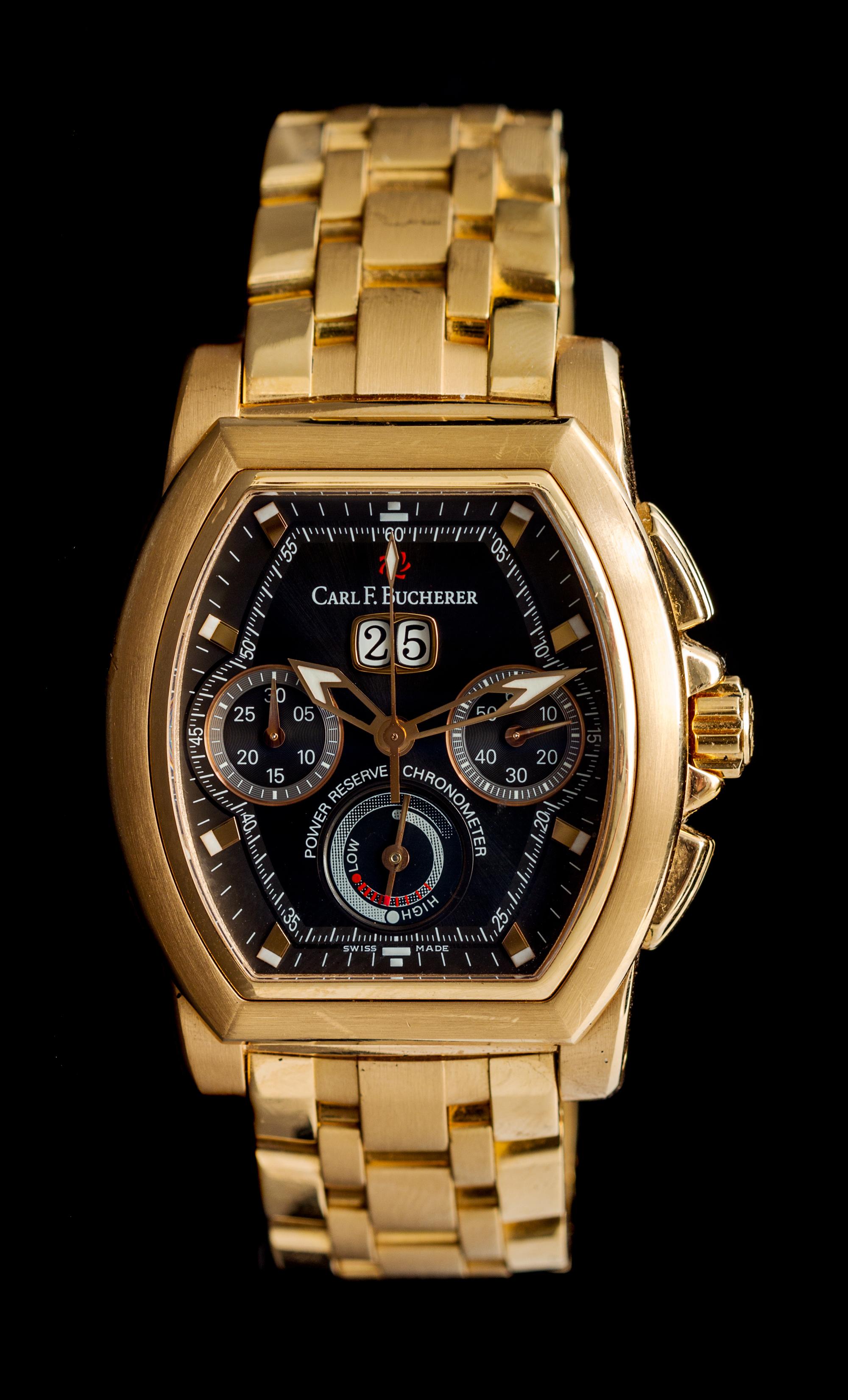An 18 Karat Rose Gold "Patravi" Chronograph, Power Reserve and Date Wristwatch, Carl F. Bucherer,