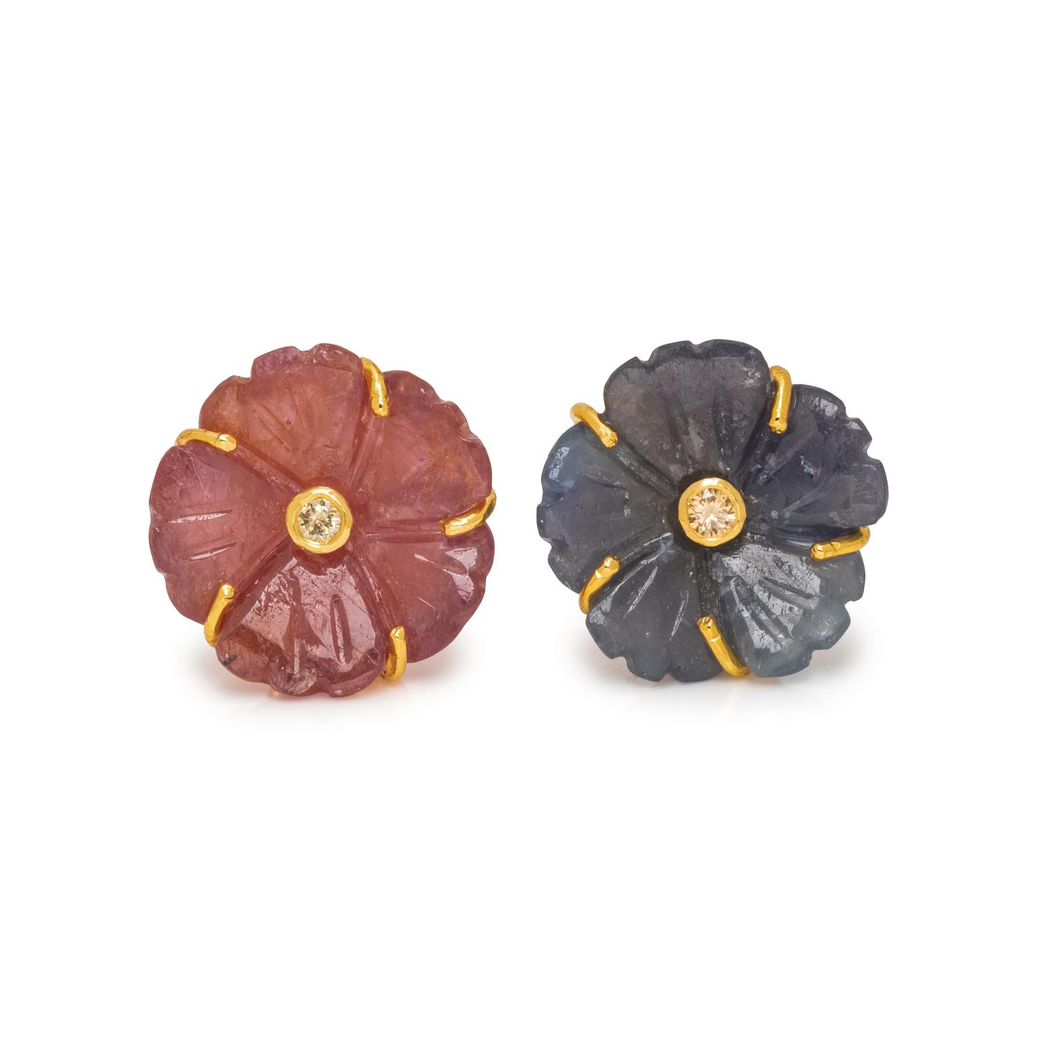 CARVED SAPPHIRE AND DIAMOND FLOWER EARRINGS