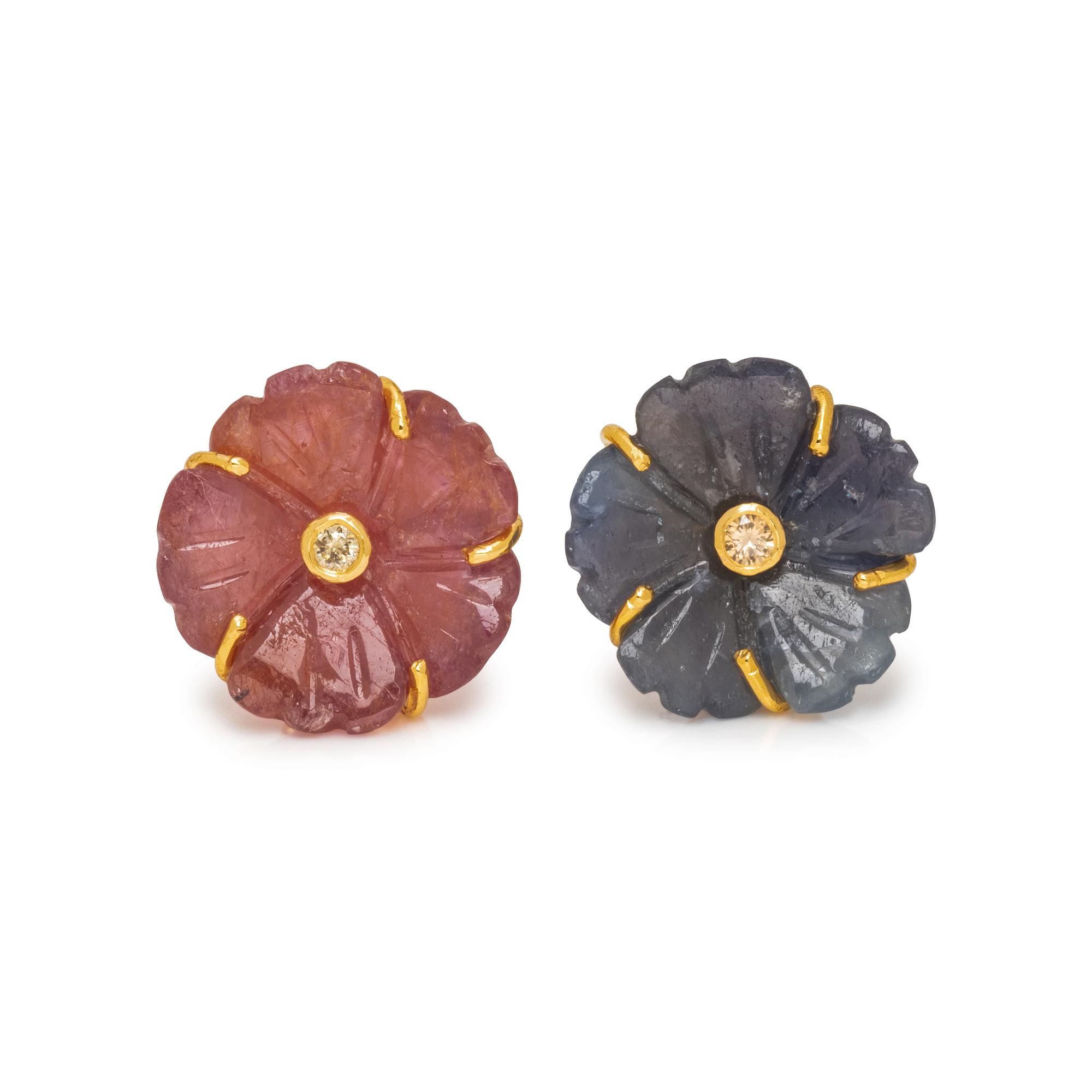 CARVED SAPPHIRE AND DIAMOND FLOWER EARRINGS