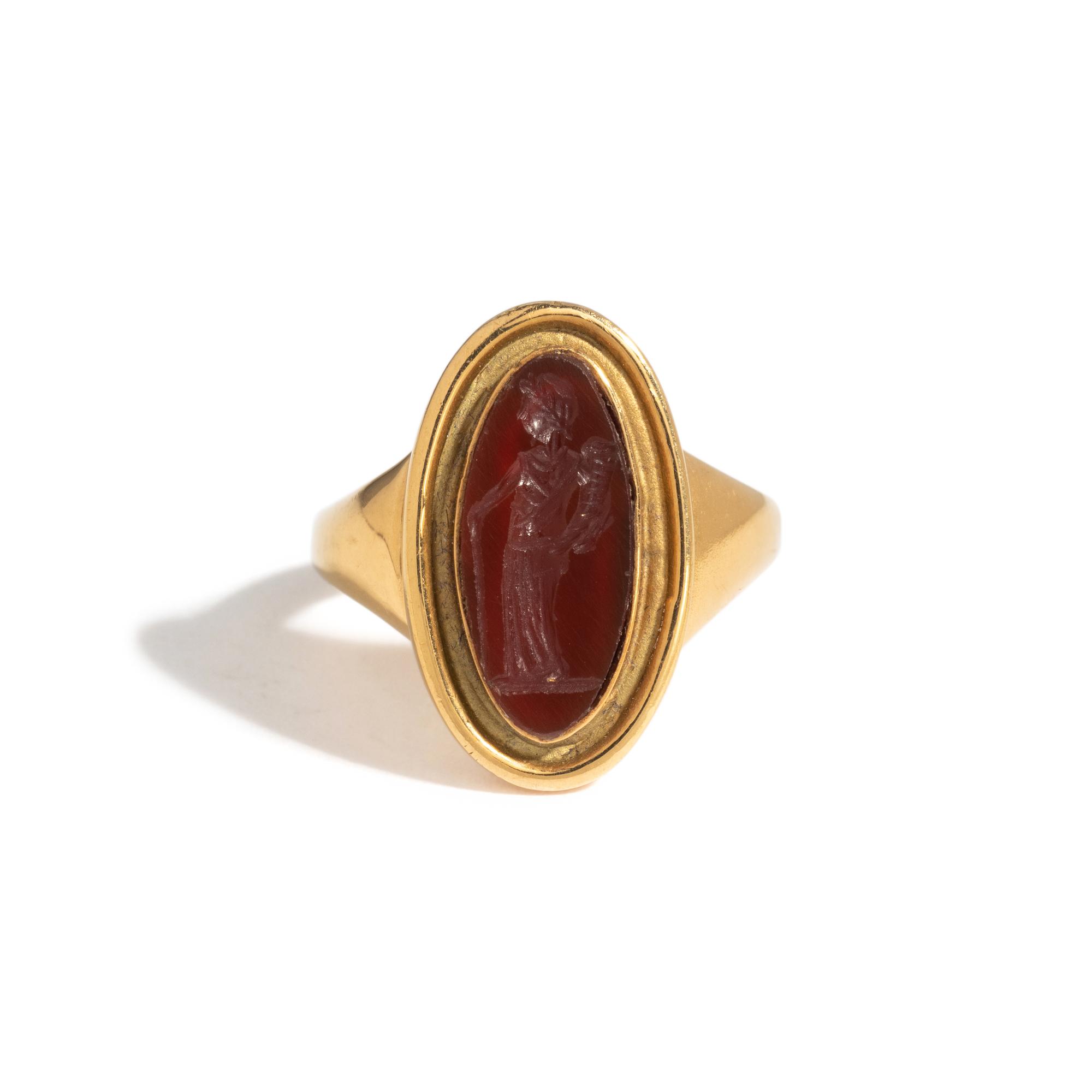 A Roman Carnelian Ring Stone with the Goddess Ceres — Set in a gold ring