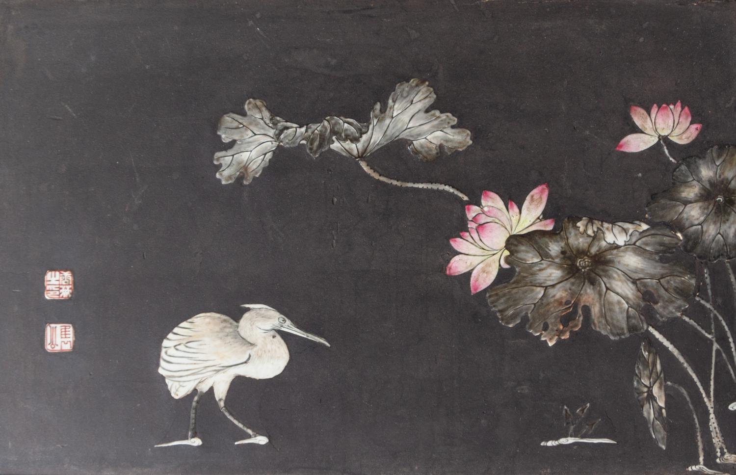 Two Chinese Porcelain-Inset Polychrome Lacquer Panels Mounted as Tables