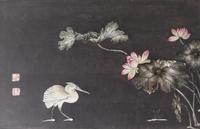 Two Chinese Porcelain-Inset Polychrome Lacquer Panels Mounted as Tables