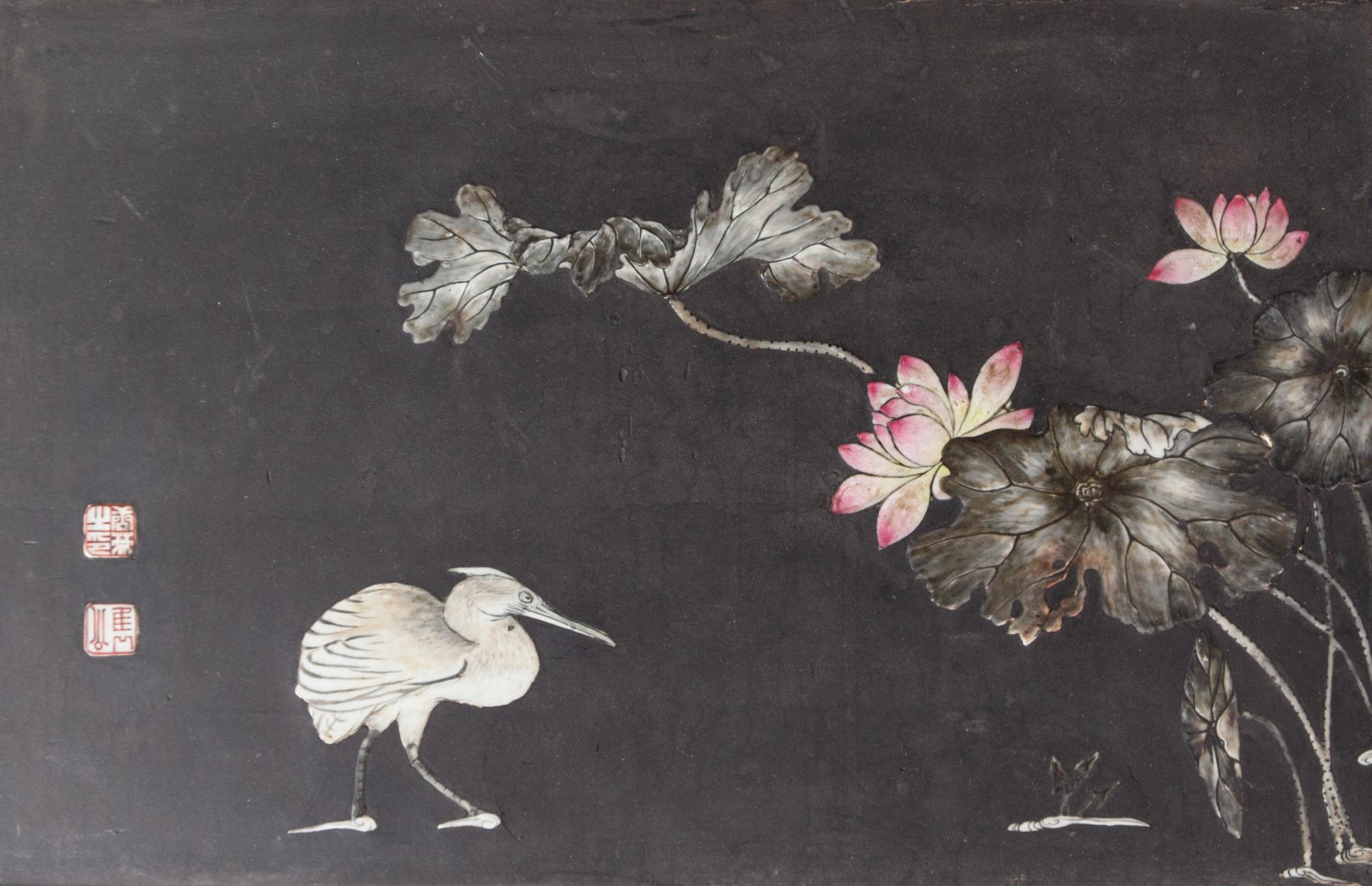 Two Chinese Porcelain-Inset Polychrome Lacquer Panels Mounted as Tables