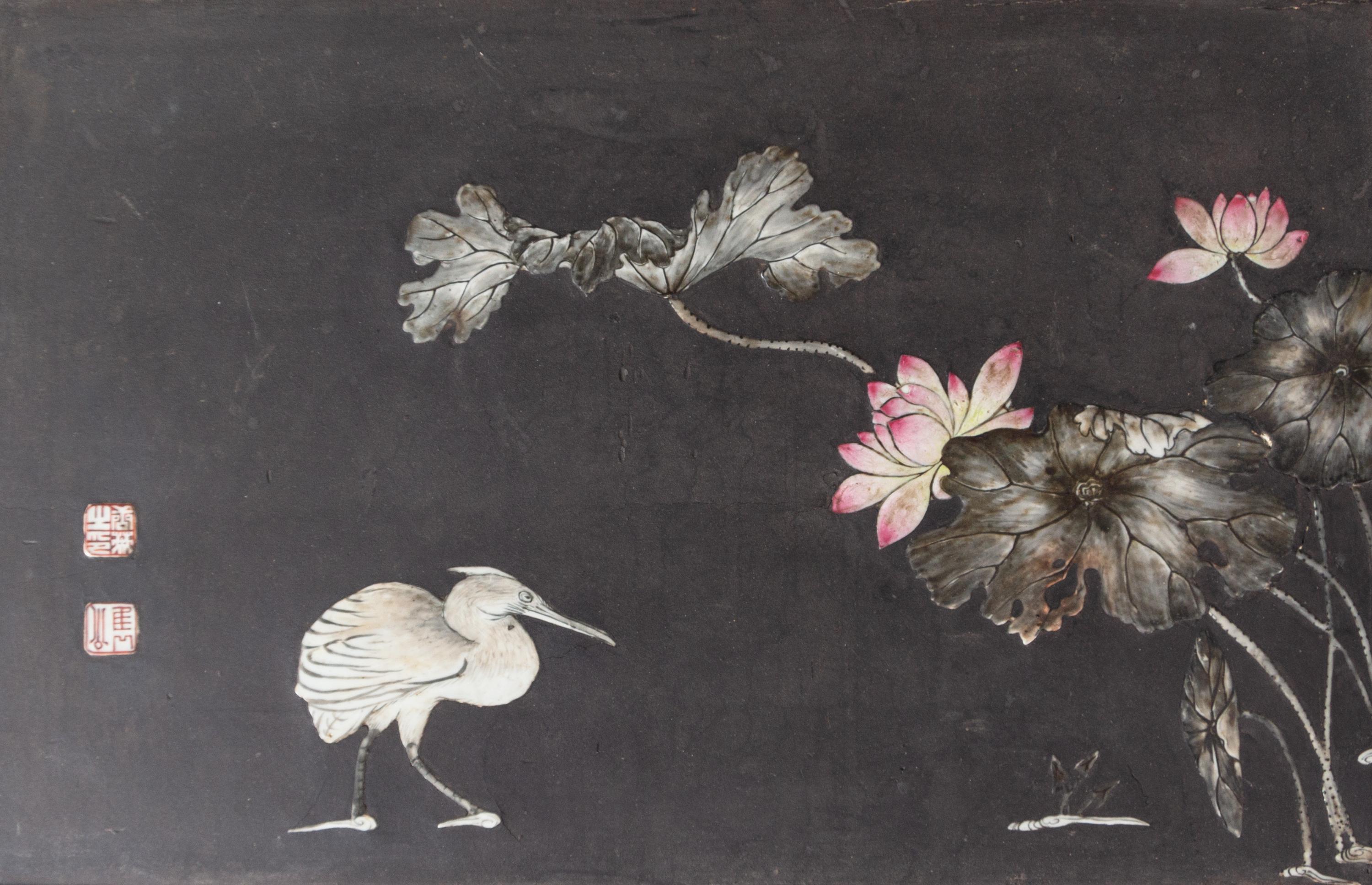Two Chinese Porcelain-Inset Polychrome Lacquer Panels Mounted as Tables