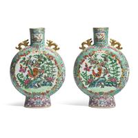 A Pair of Chinese Export Porcelain Rose Mandarin Moon Flasks