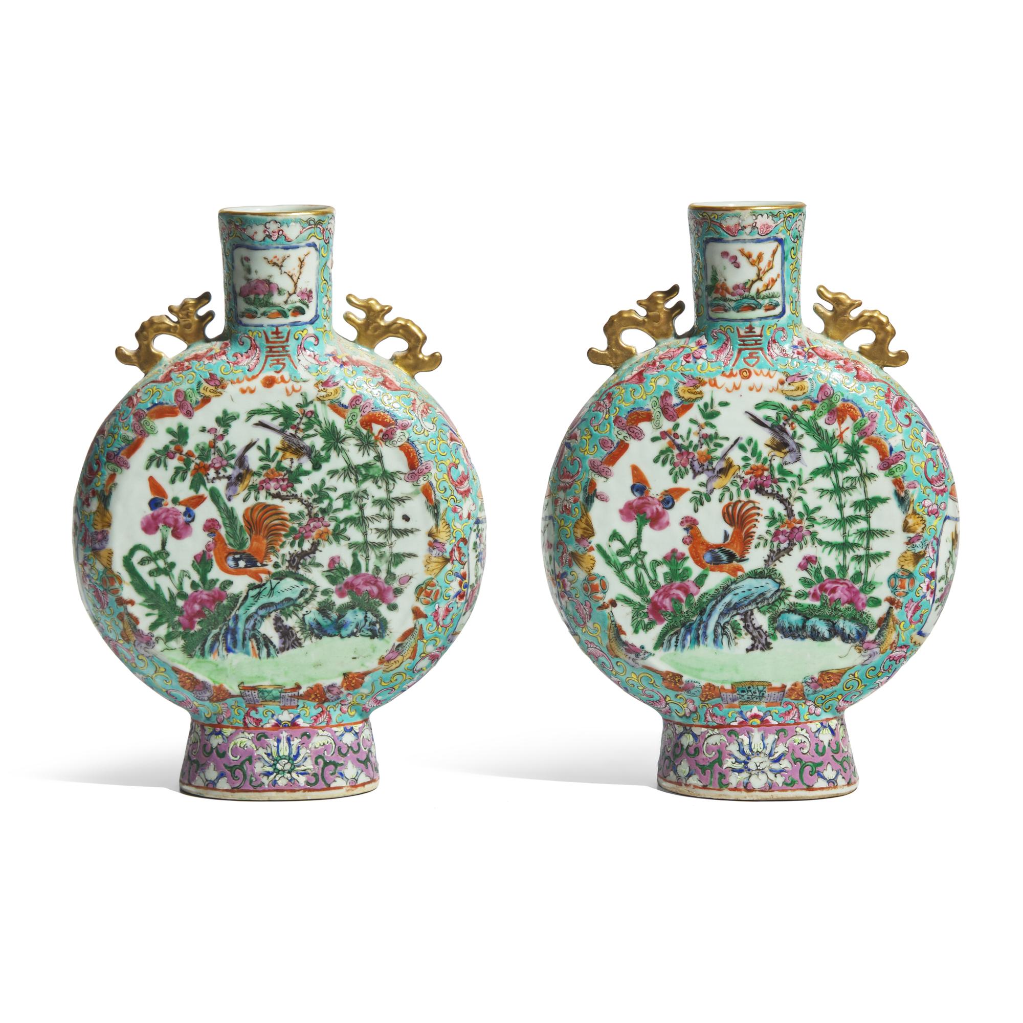 A Pair of Chinese Export Porcelain Rose Mandarin Moon Flasks