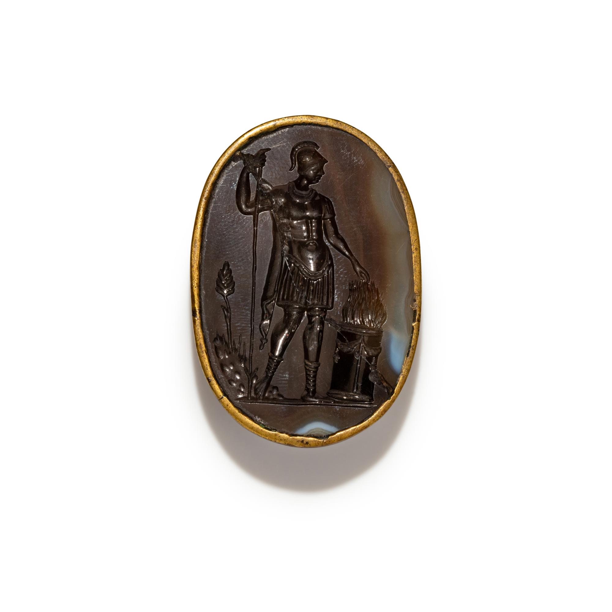 A Neoclassical Gold and Agate Pendant with the Roman Soldier Scaevola