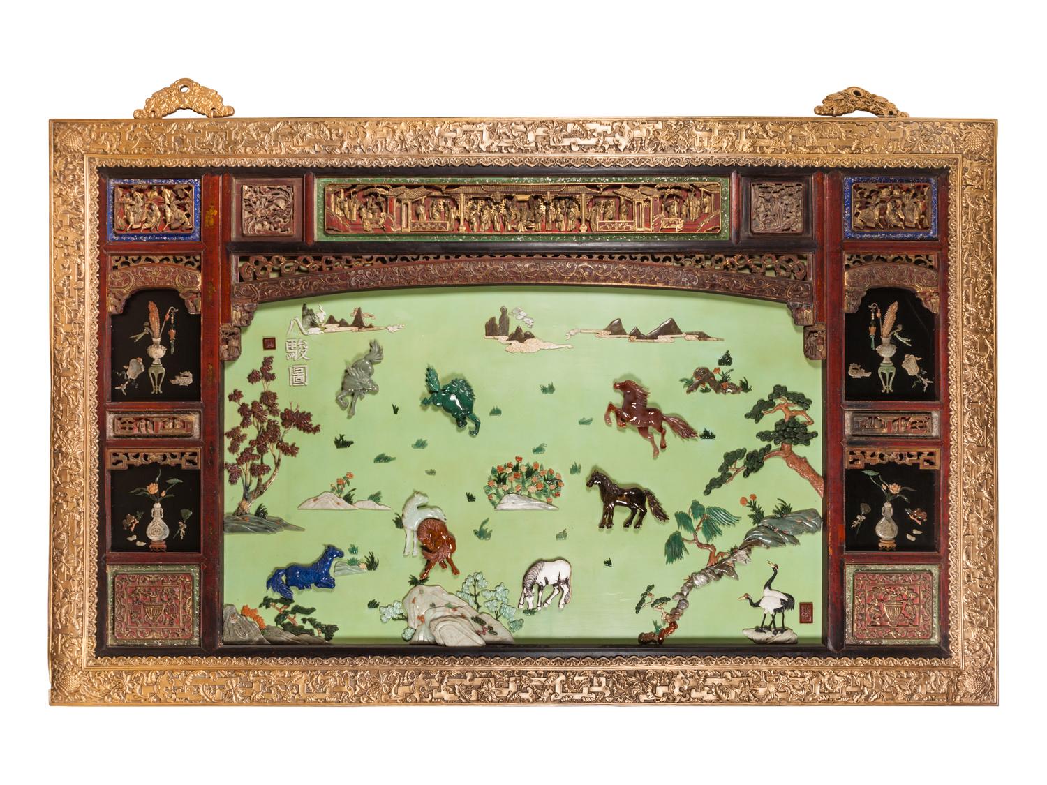 A Large Chinese Export Gilt Bronze-Framed Carved Lacquer and Hardstone Inlaid Wall Panel — 20TH CENTURY