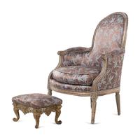 A Pair of Louis XVI Gray-Painted Bergères and a Gilt Iron Foot Stool