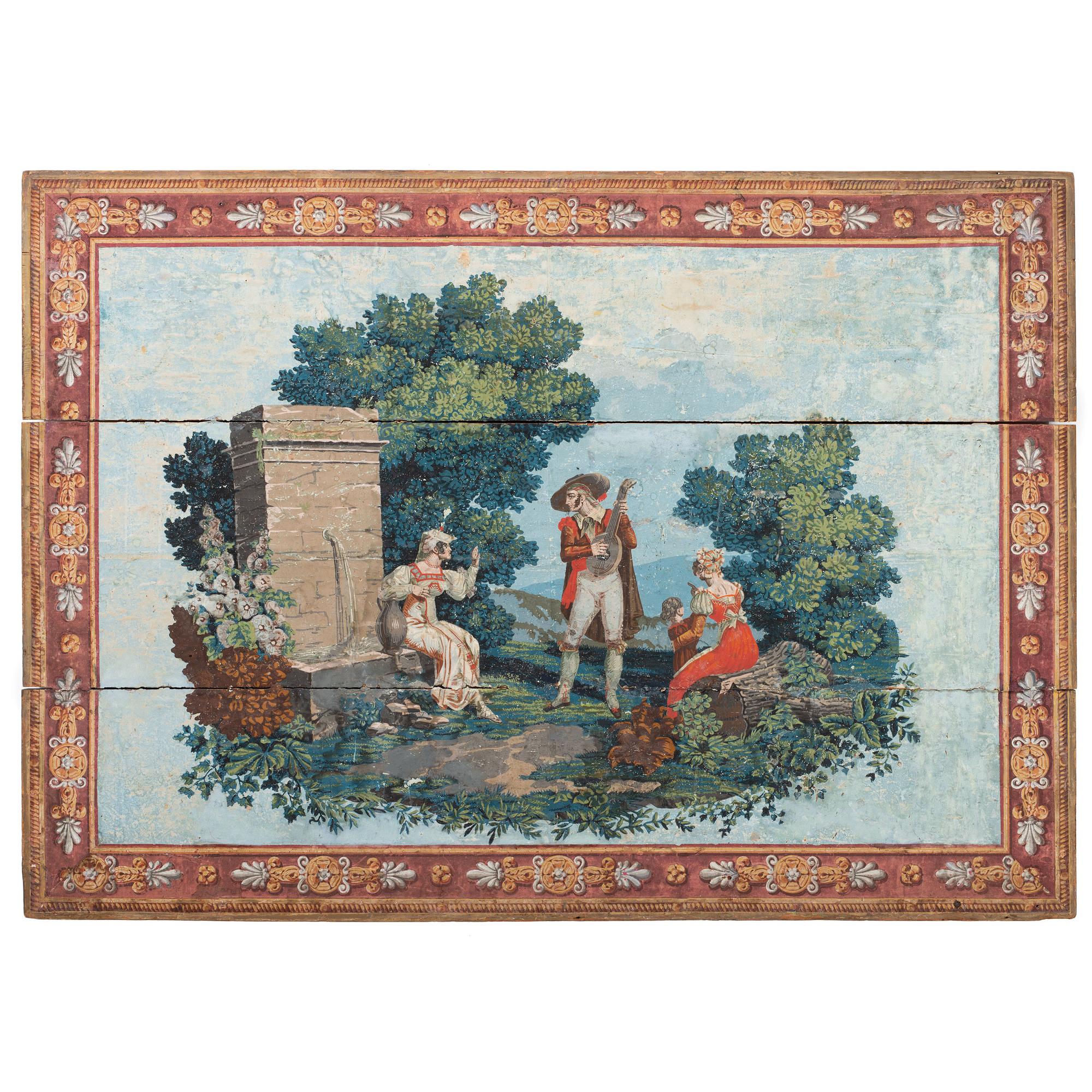A Zuber & Cie Hand-Painted Scenic Wallpaper Panel Mounted on Wood