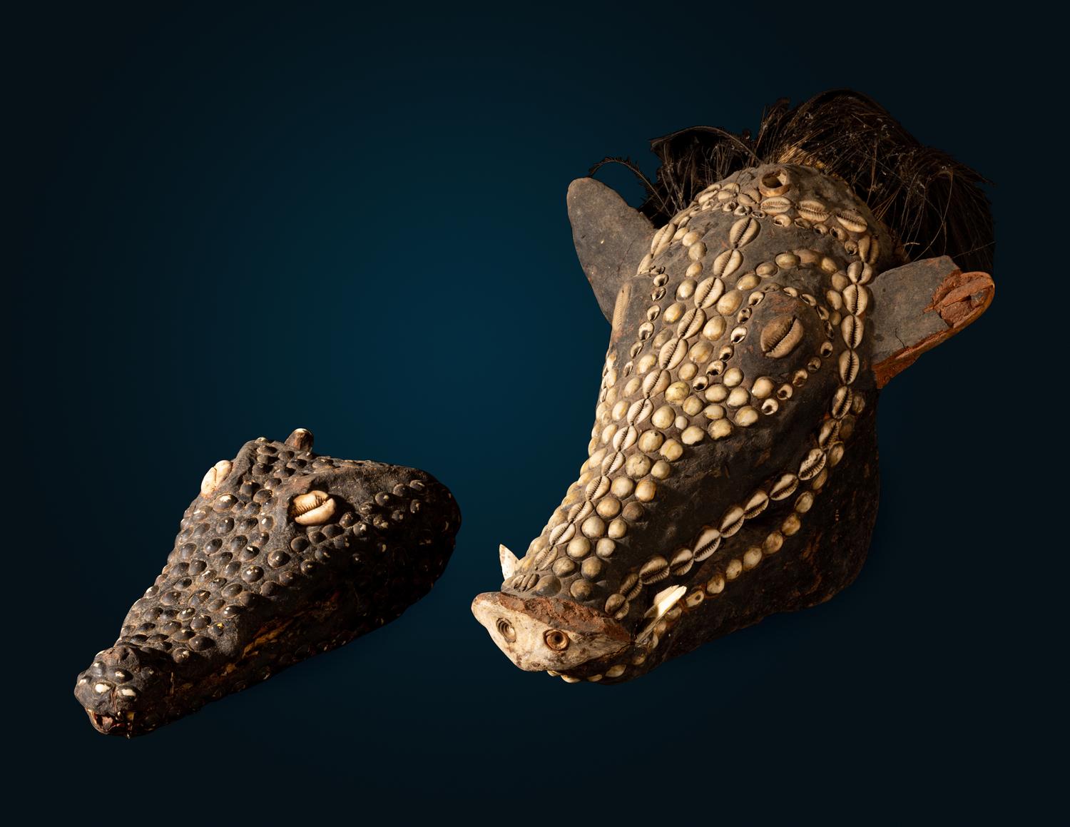An Oceanic Decorated Crocodile Skull and Boar Skull