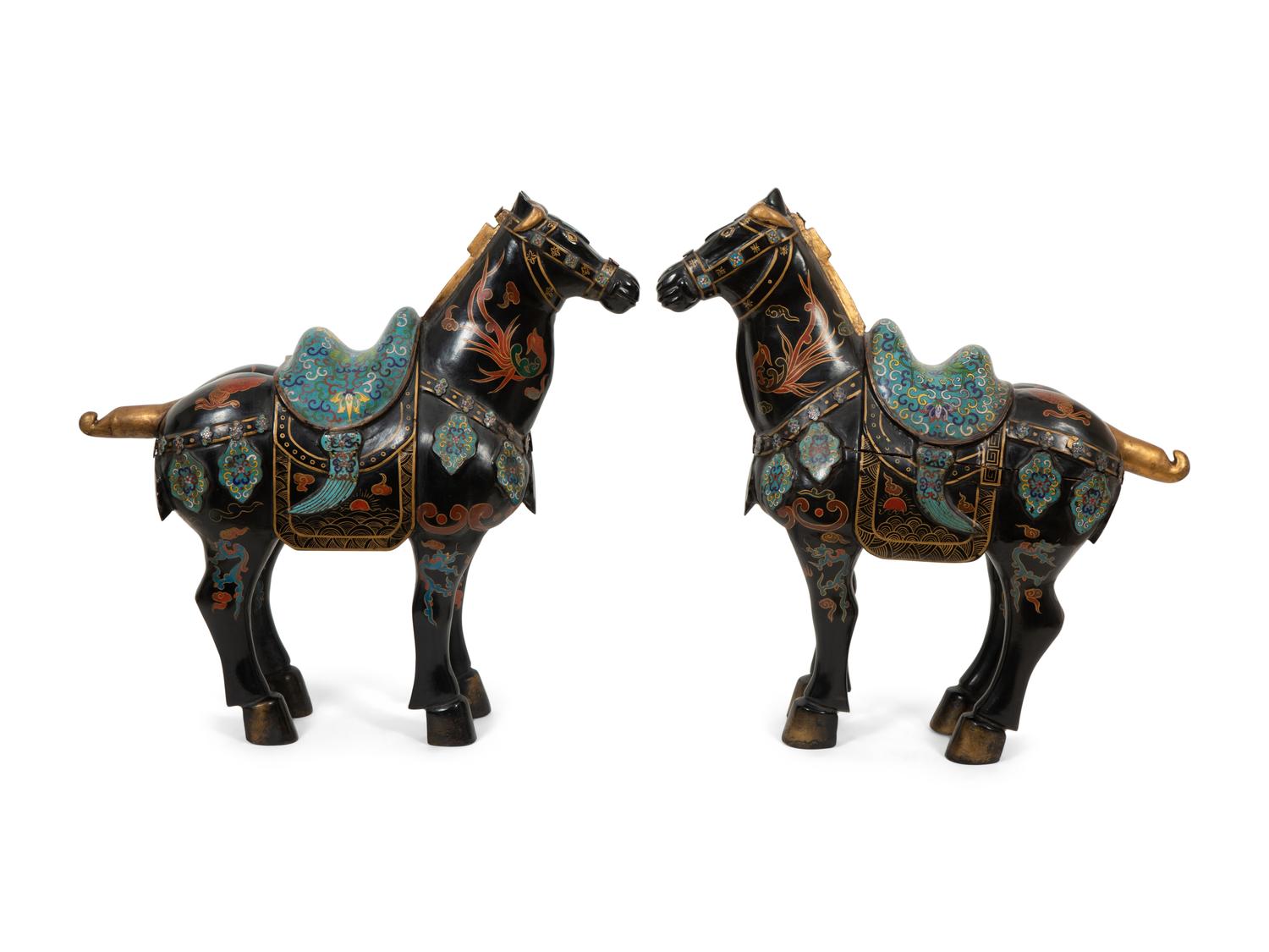 A Pair of Chinese Painted Wood and Cloisonné Models of Horses