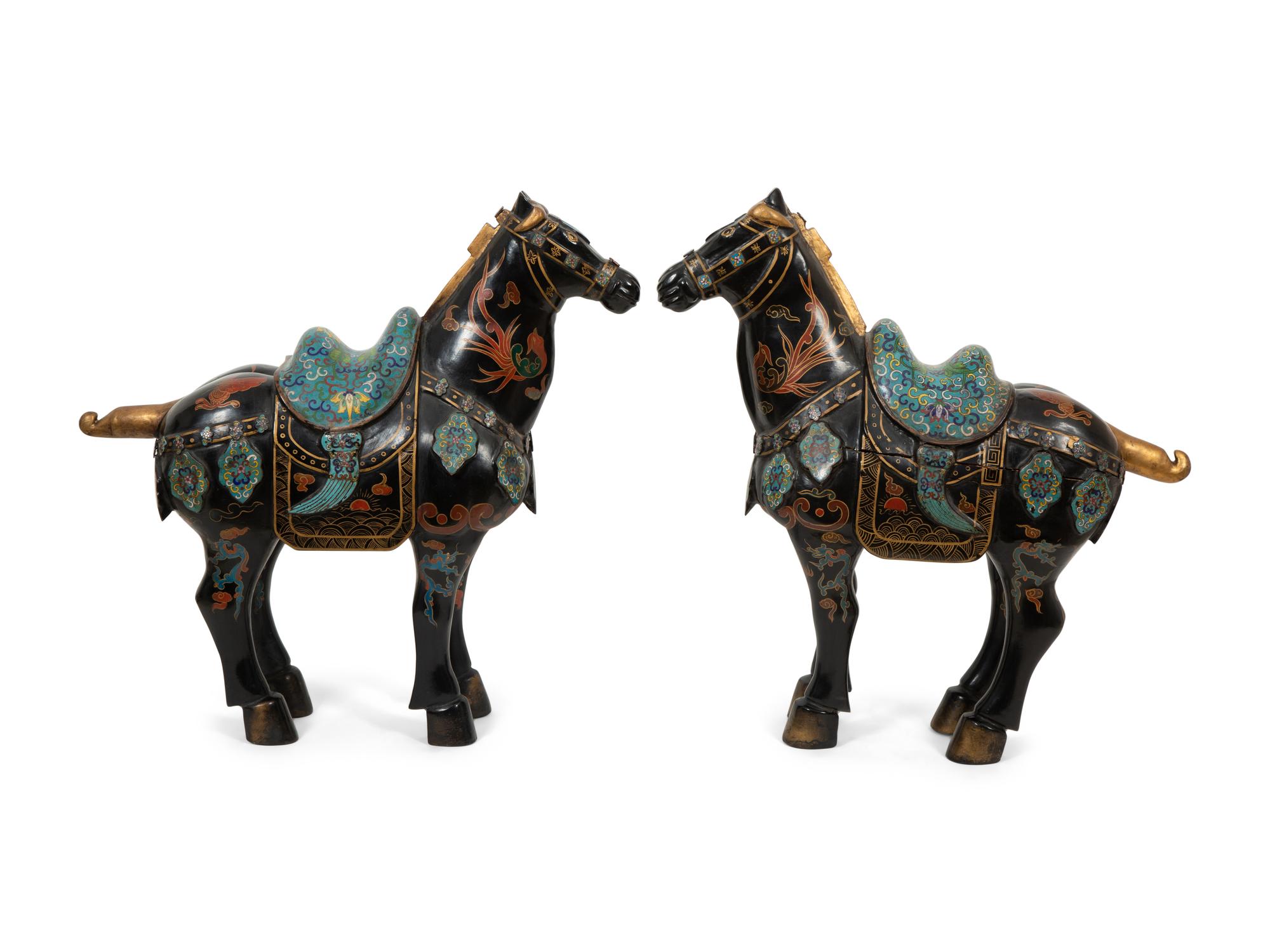A Pair of Chinese Painted Wood and Cloisonné Models of Horses