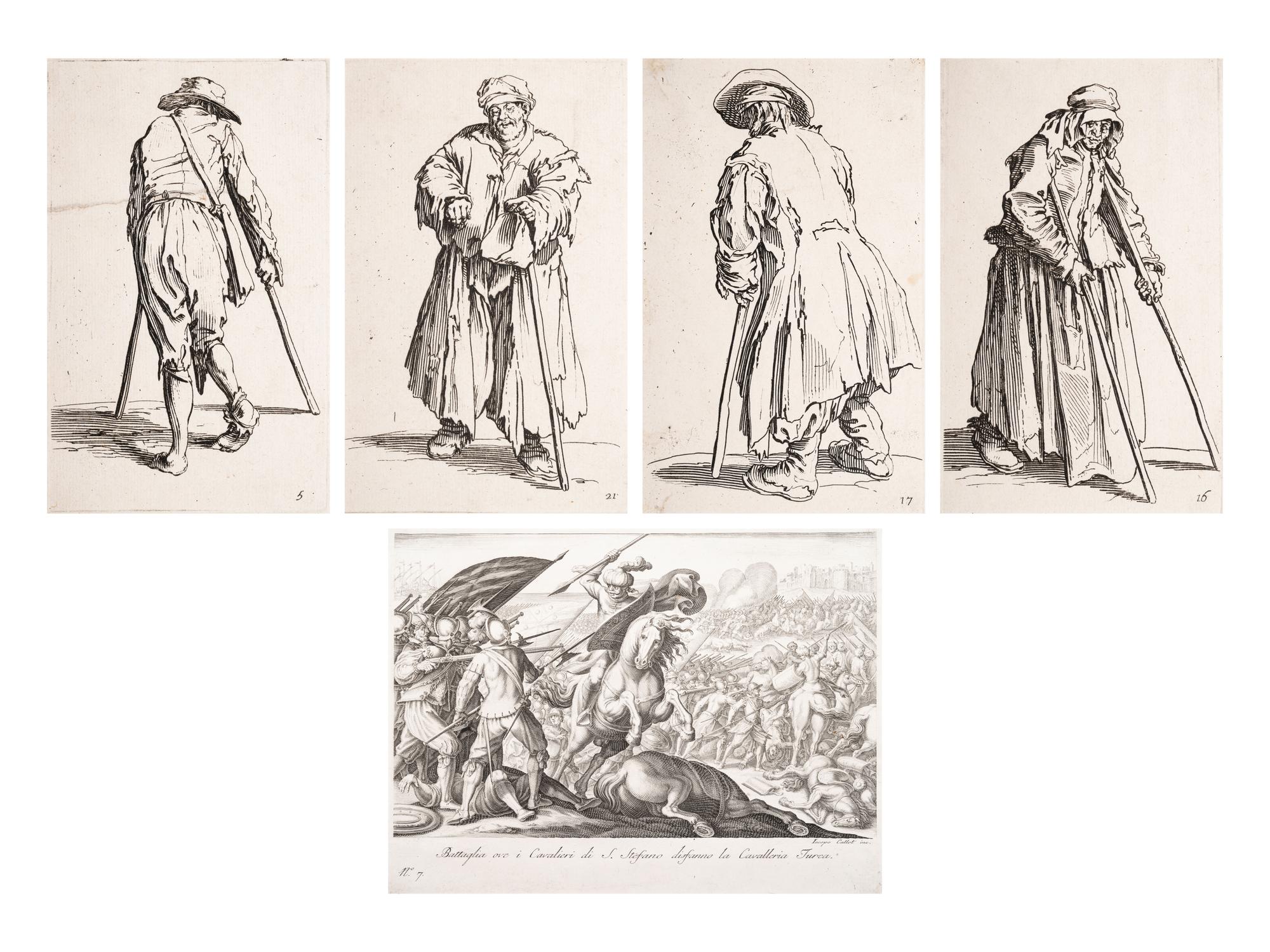 A Group of Five Engravings After Jacques Callot (French, 1592-1635)