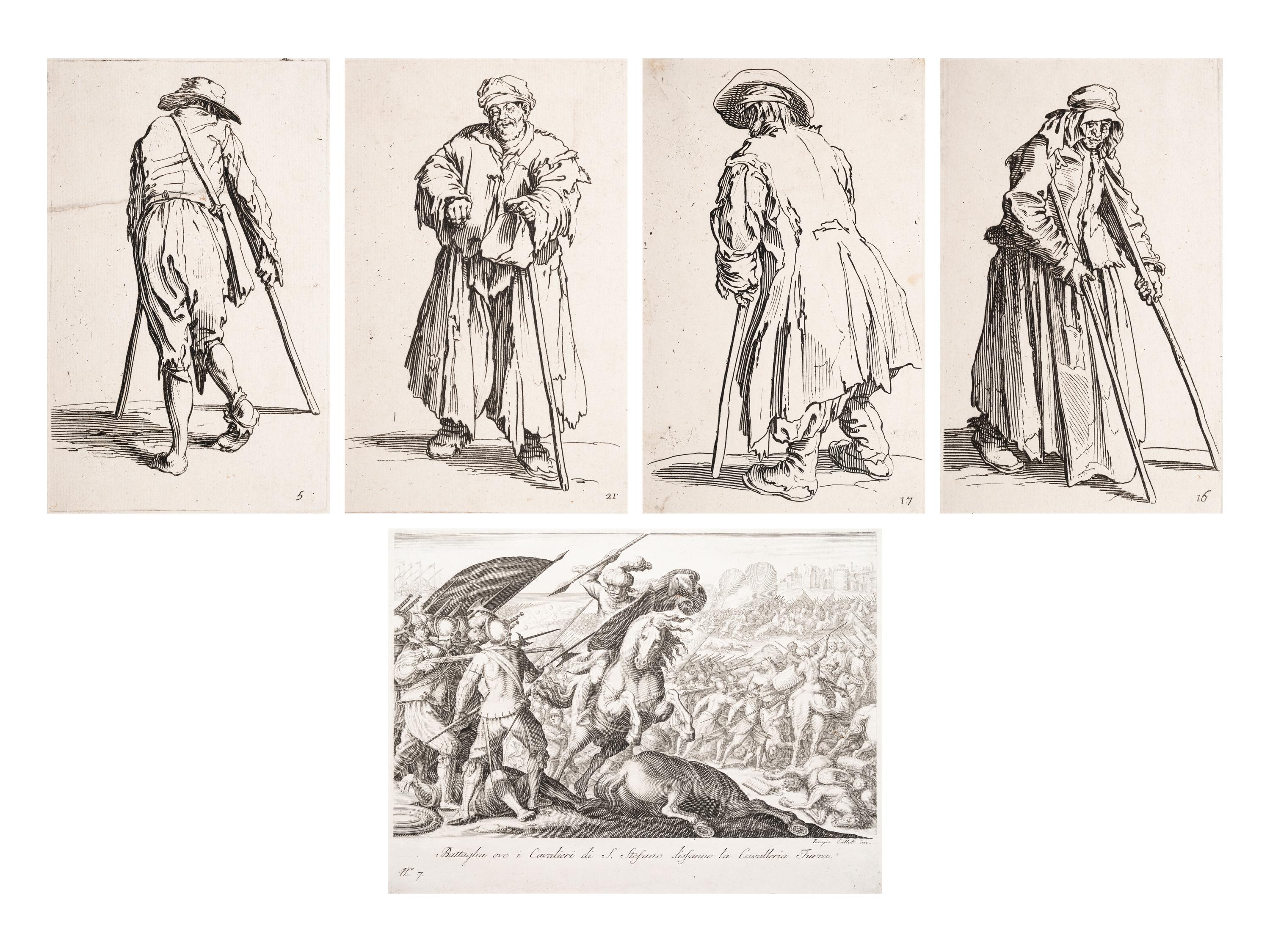 A Group of Five Engravings After Jacques Callot (French, 1592-1635)