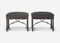 A Pair of Spanish Baroque Style Stained Beechwood and Wrought Iron Stools