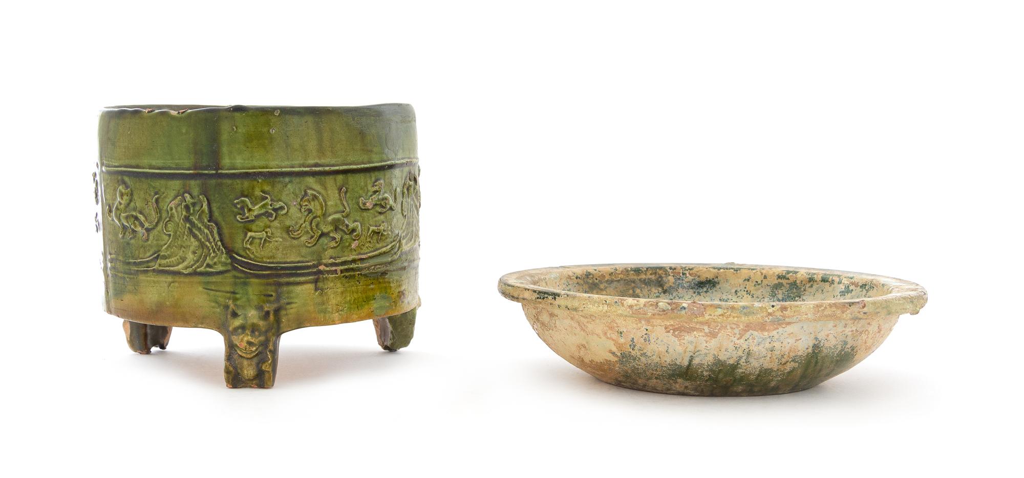 Two Chinese Green Glazed Pottery Vessels Diameter of larger 9 3/4 inches. — HAN DYNASTY (206 B.C.-220 A.D.)