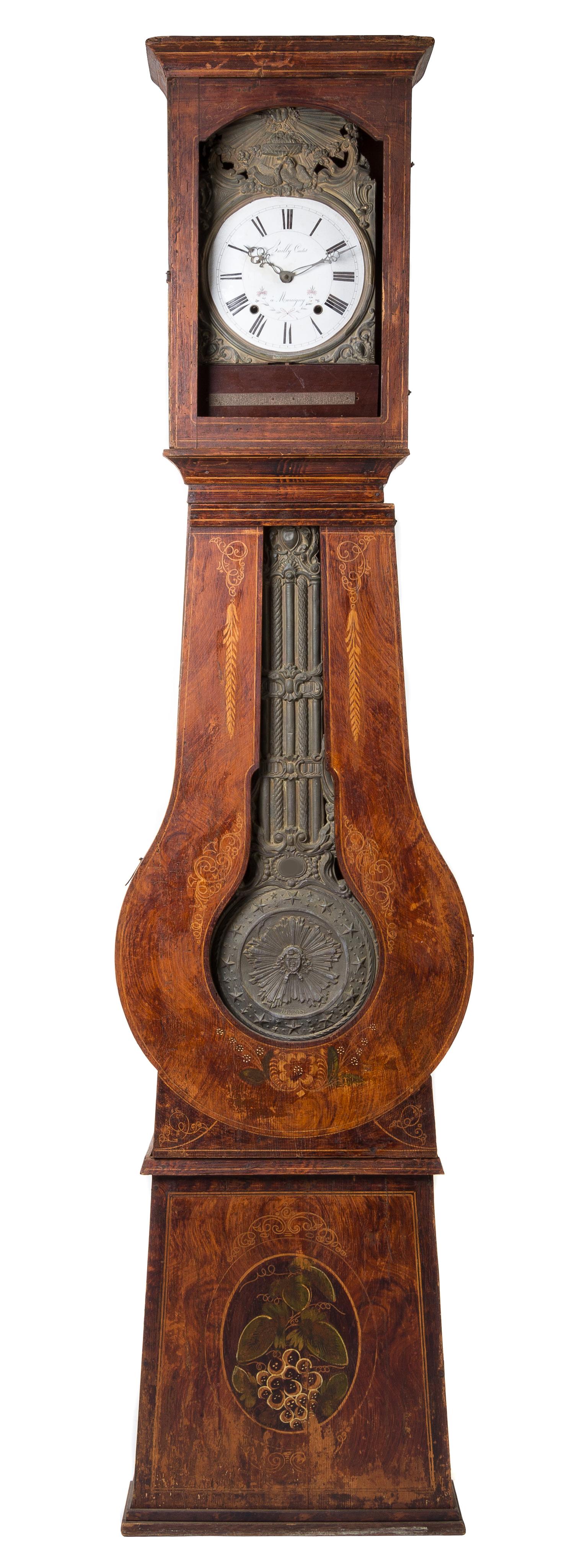 A French Provincial Painted Tall Case Clock Height 90 inches. — 19TH CENTURY