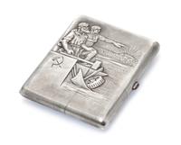 A Russian Silver Cigarette Case, Maker's Mark Cyrillic IZO, Moscow, 20th Century, the case depicting workers looking towards a rising s