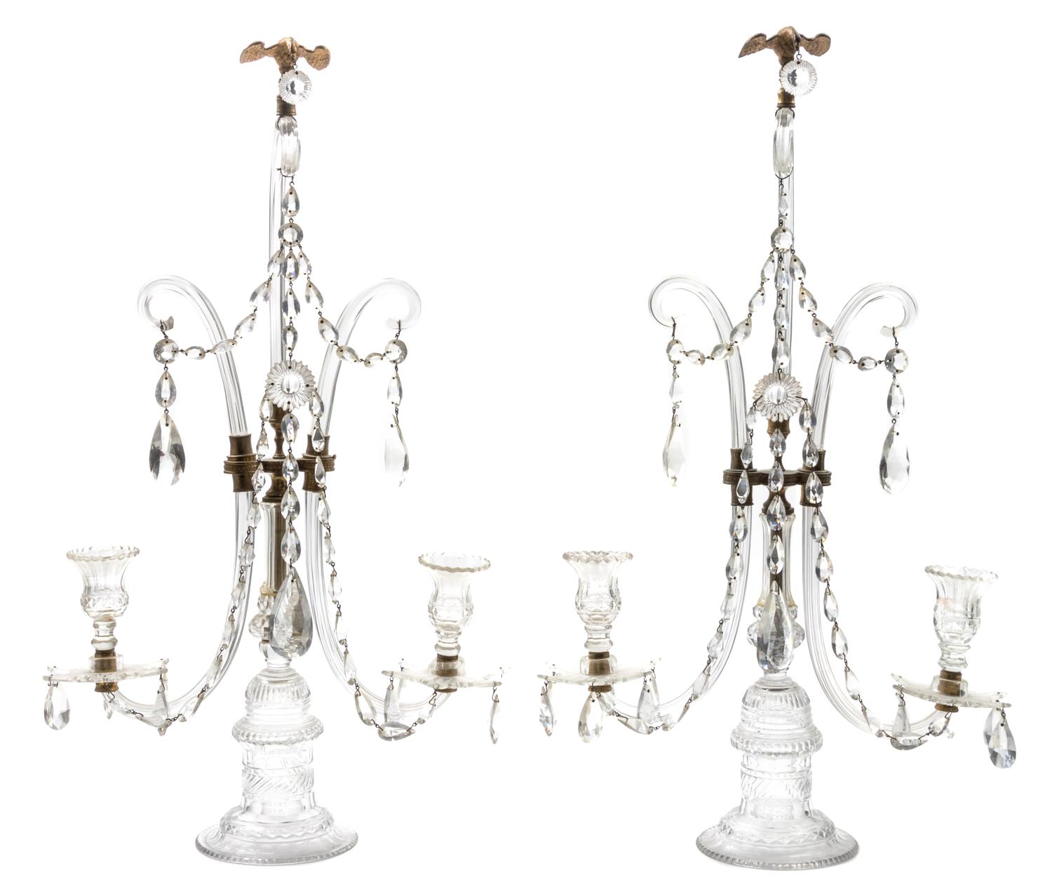 A Pair of English Molded and Cut Glass Two-Light Girandoles Height 26 1/4 inches. — 19TH CENTURY
