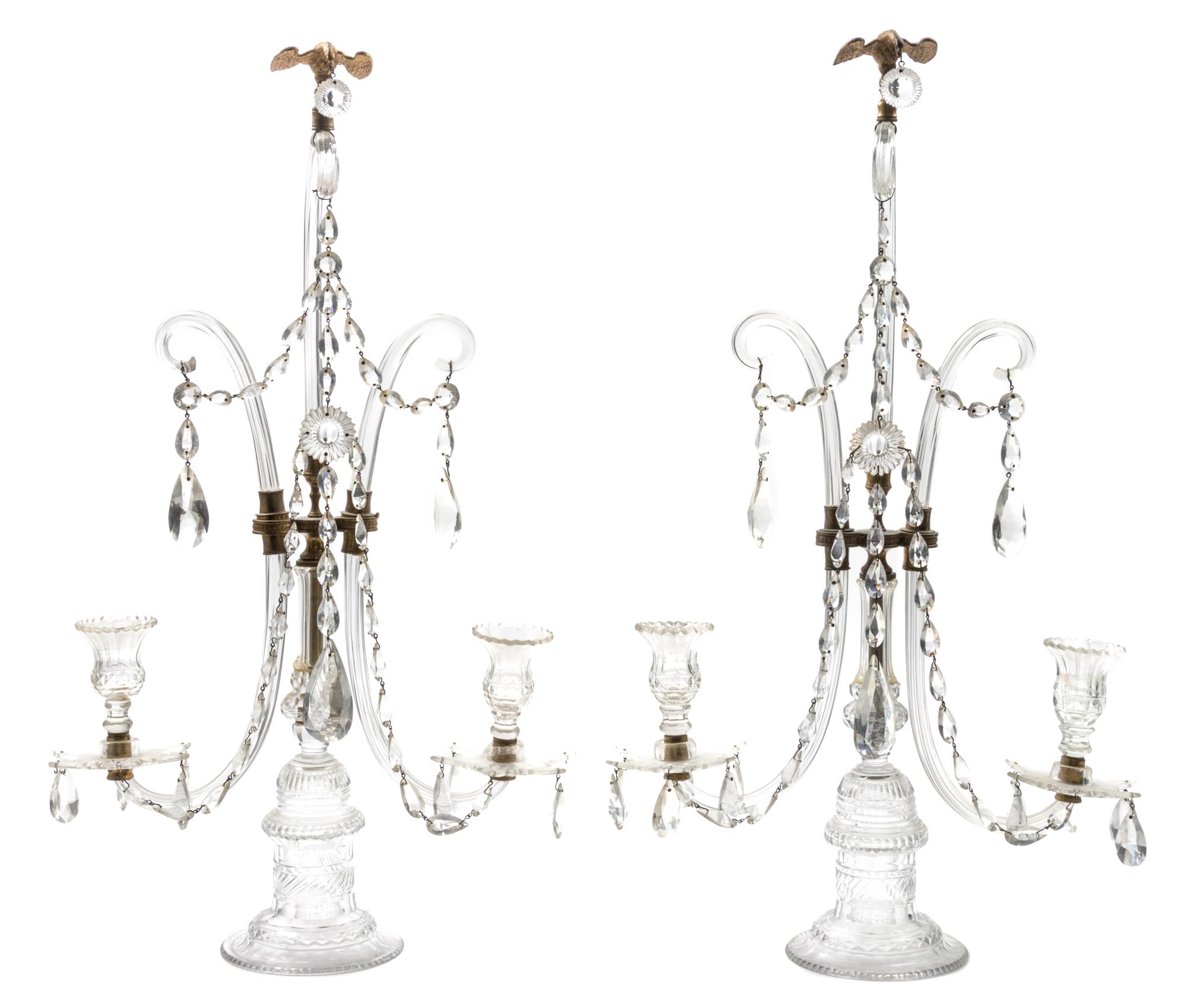 A Pair of English Molded and Cut Glass Two-Light Girandoles Height 26 1/4 inches. — 19TH CENTURY