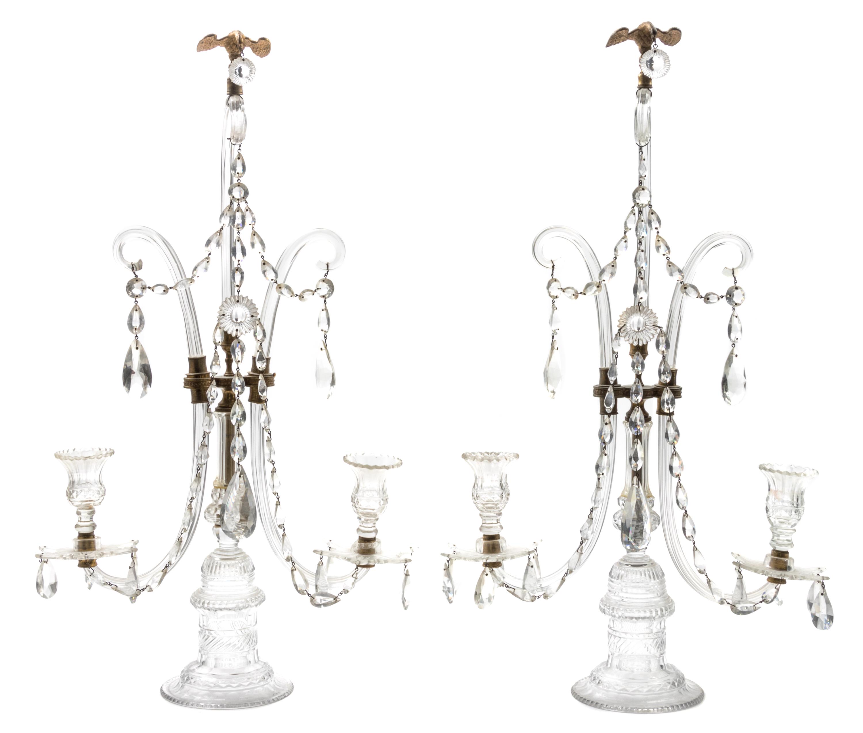 A Pair of English Molded and Cut Glass Two-Light Girandoles Height 26 1/4 inches. — 19TH CENTURY