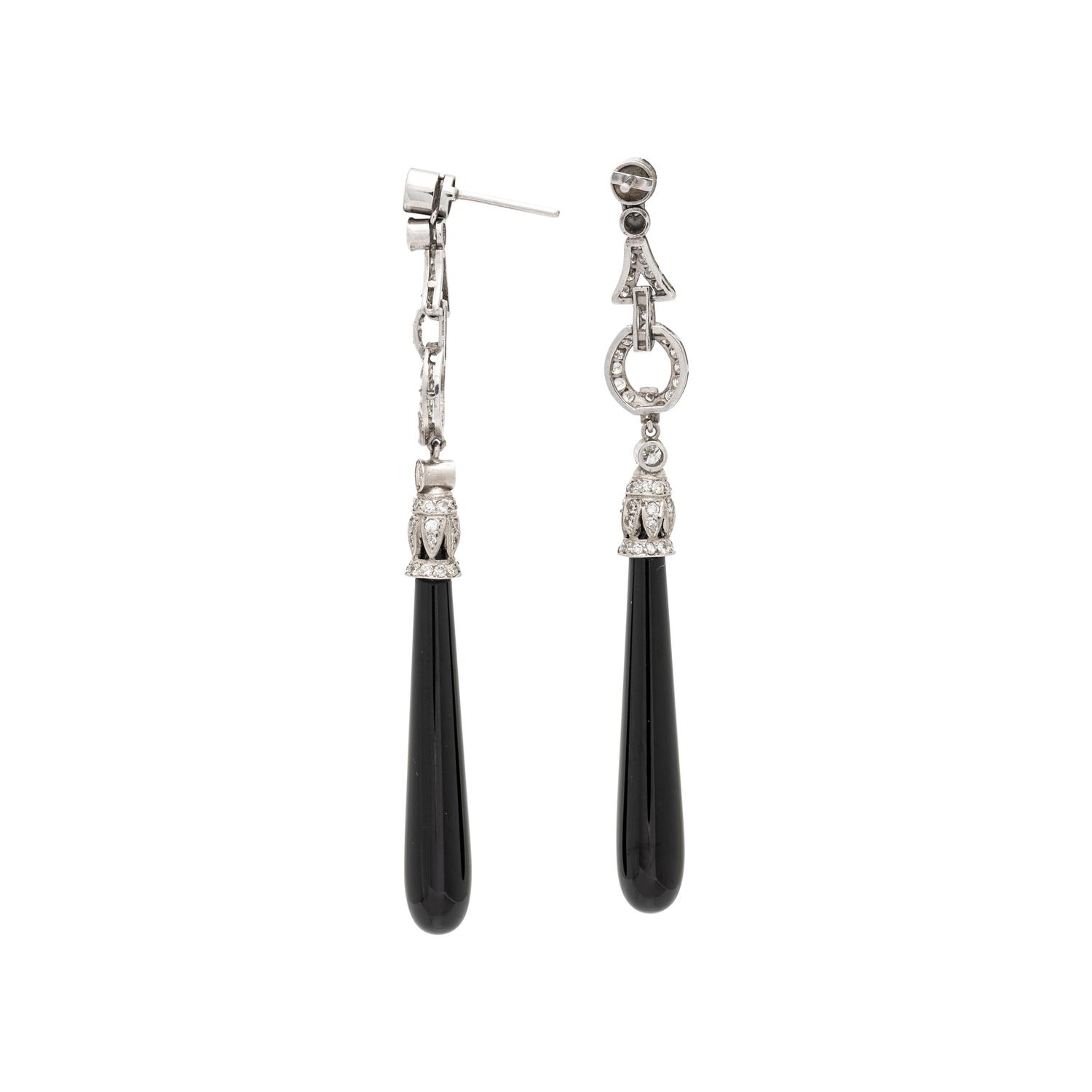 PLATINUM, DIAMOND, AND BLACK OYNX DANGLE EARRINGS